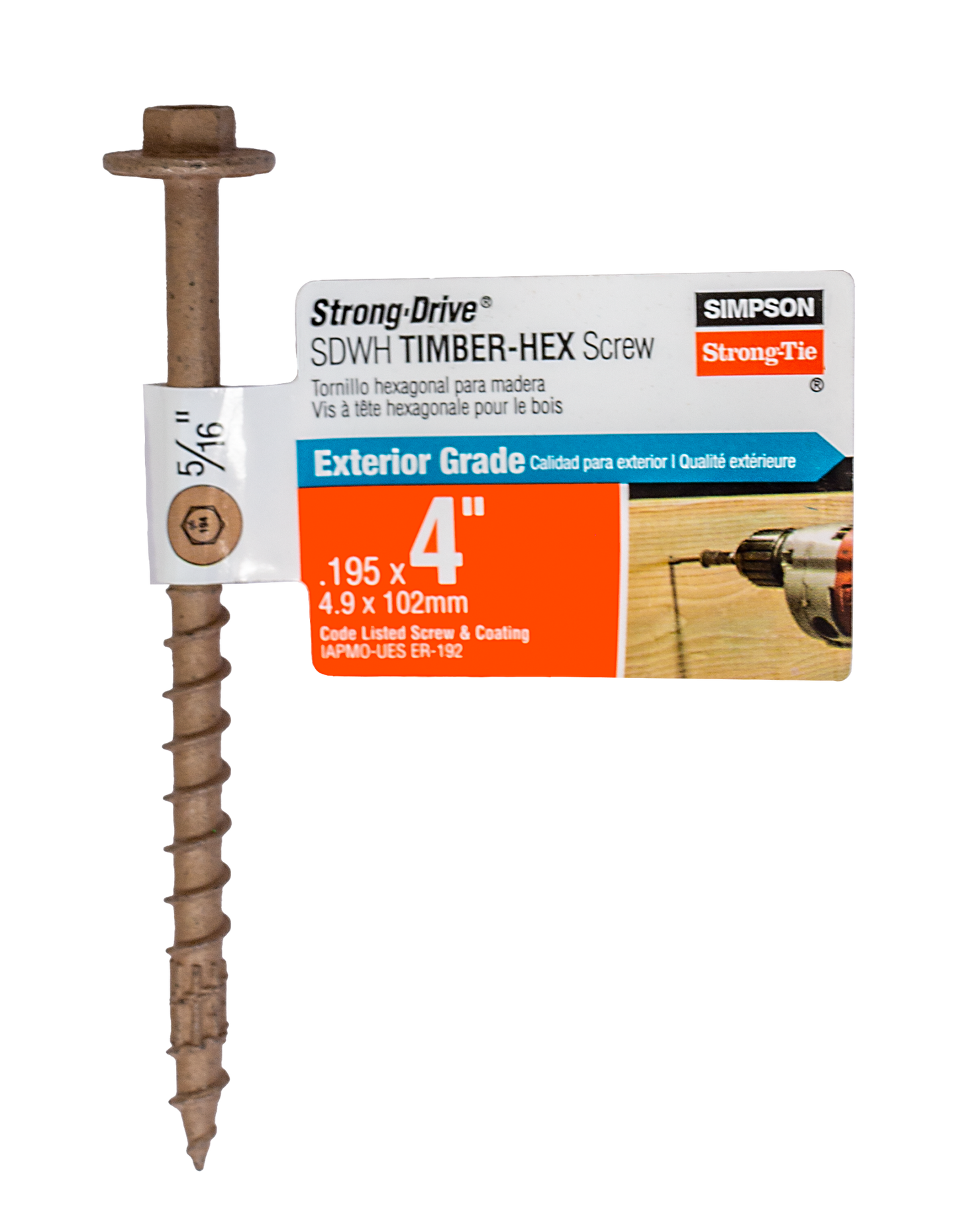 Simpson Strong-Tie SDWH19400DB-RP1 Strong-Drive® SDWH™ TIMBER-HEX Screw — 0.195 in. x 4 in. 5/16 Hex, DB Coating (Pack of 40)