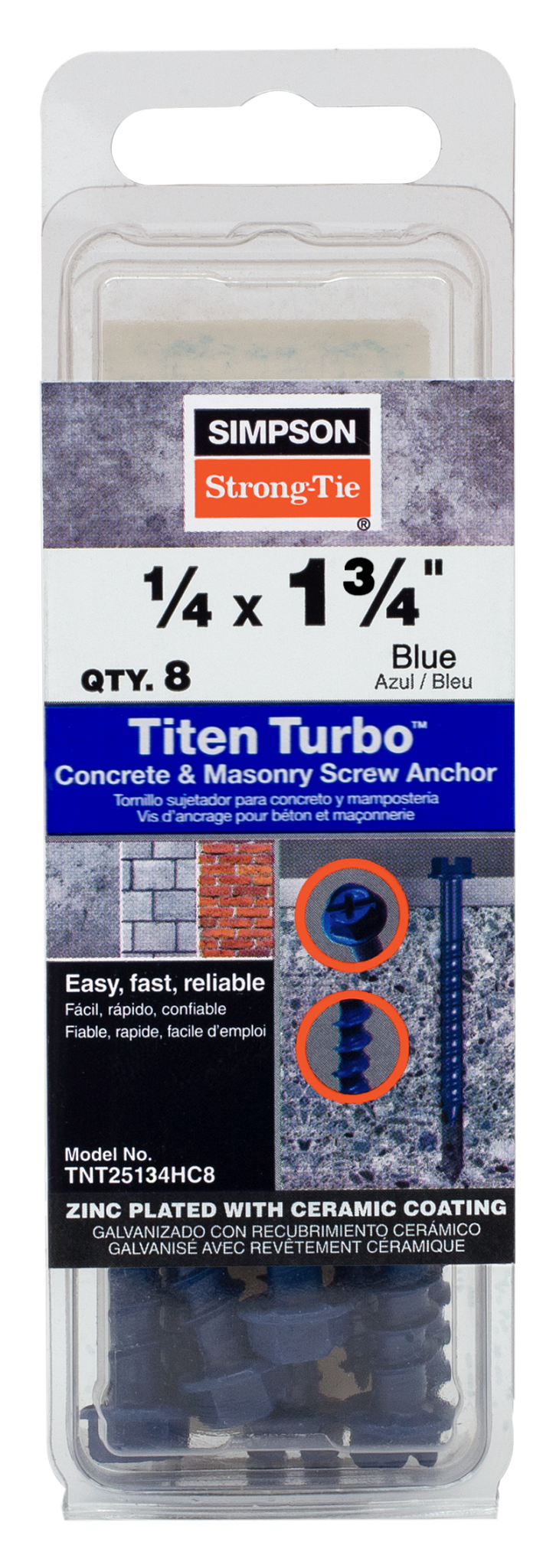 Simpson Strong-Tie TNT25134HC8 Titen Turbo™ — 1/4 in. x 1-3/4 in. Hex-Head Concrete and Masonry Screw, Blue (8-Qty)