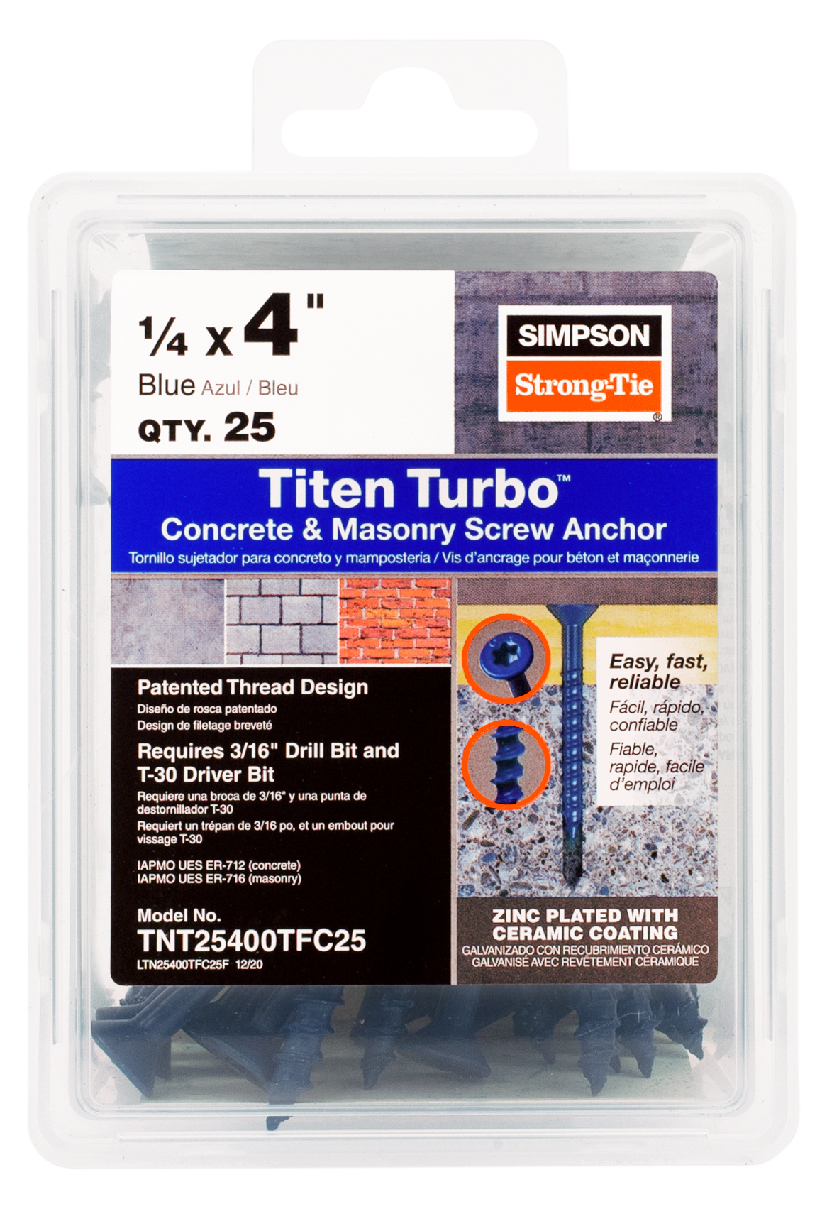 Simpson Strong-Tie TNT25400TFC25 Titen Turbo™ — 1/4 in. x 4 in. 6-Lobe Flat-Head Concrete and Masonry Screw, Blue (25-Qty) (Pack of 1152)