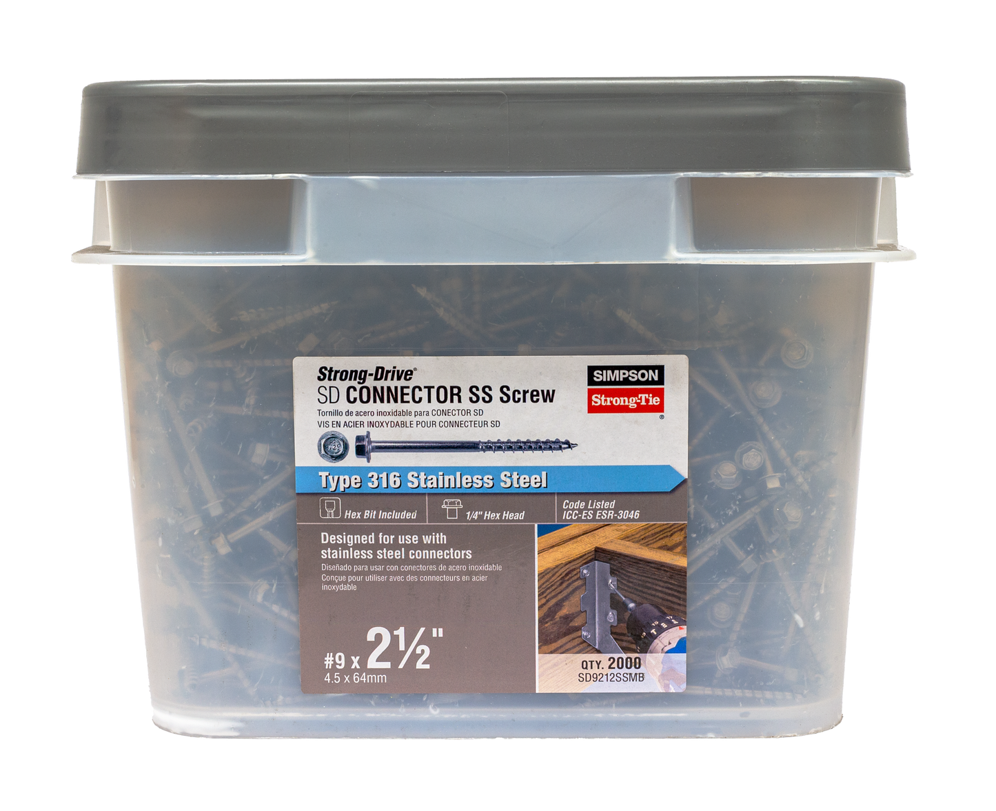Simpson Strong-Tie SD9212SSMB Strong-Drive® SD CONNECTOR SS Screw — #9 x 2-1/2 in. 1/4-Hex Drive, Type 316 (2000-Qty)