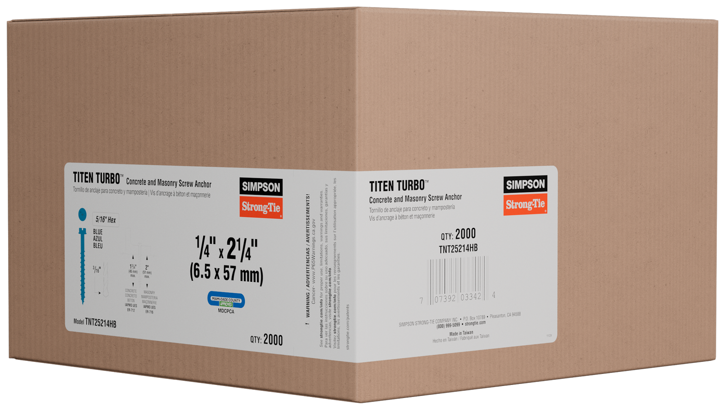 Simpson Strong-Tie TNT25214H Titen Turbo™ — 1/4 in. x 2-1/4 in. Hex-Head Concrete and Masonry Screw, Blue (100-Qty)