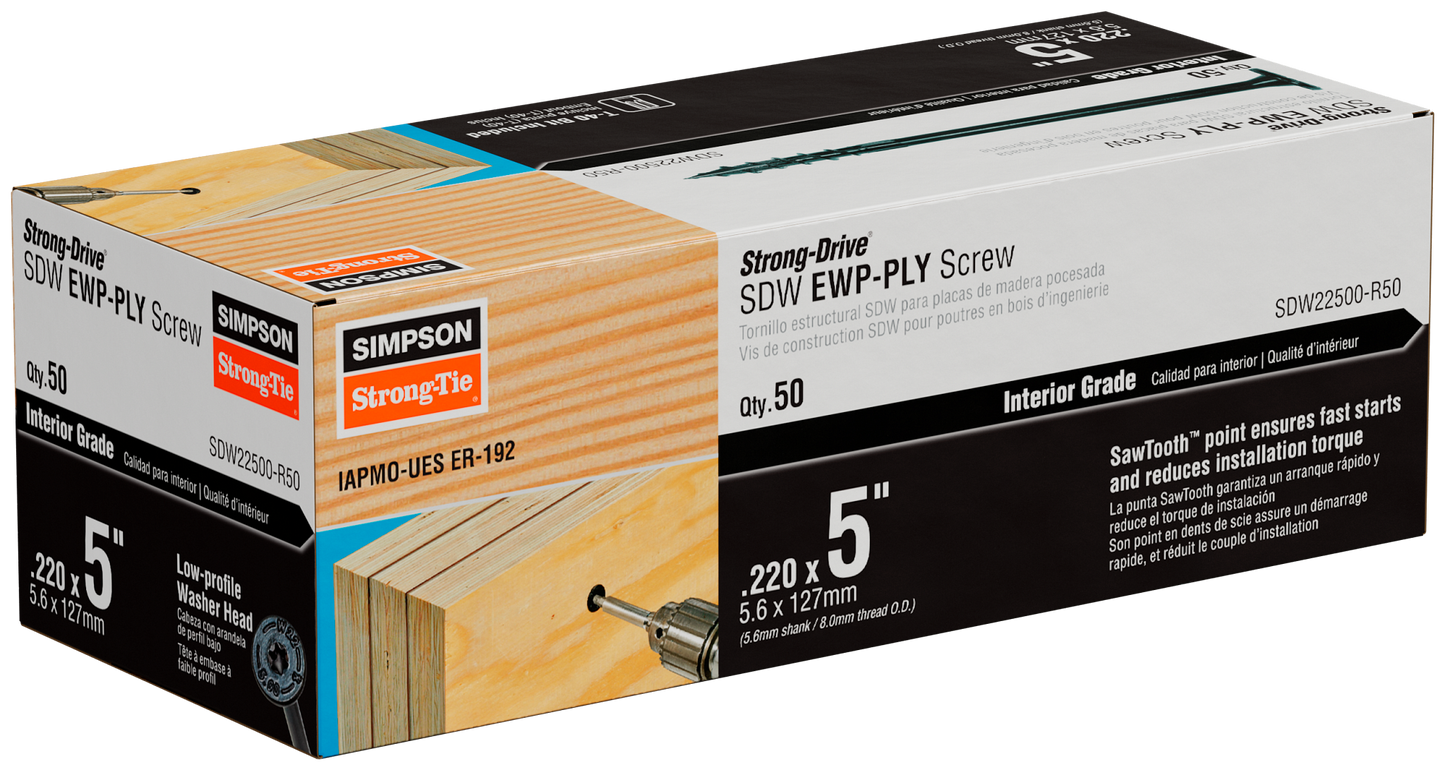 Simpson Strong-Tie SDW22500-R50 Strong-Drive® SDW™ EWP-PLY Screw — .220 in. x 5 in. T40 6-Lobe, E-coat® (50-Qty)