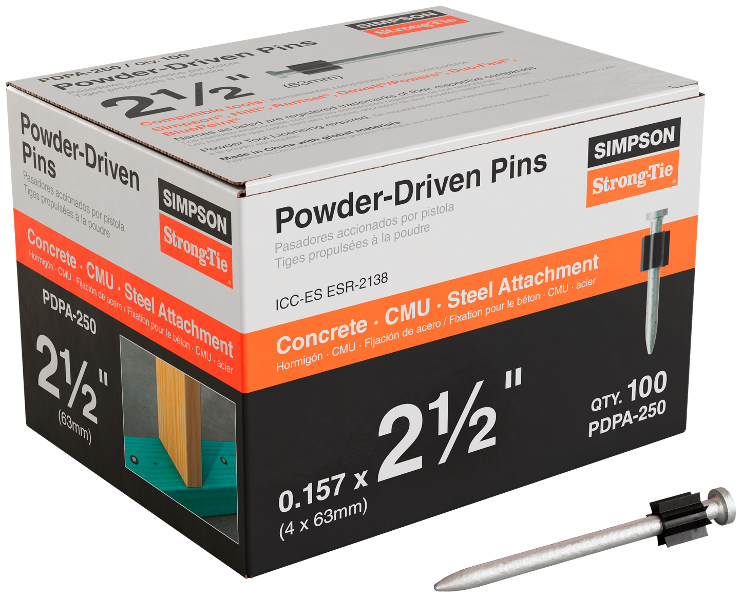 Simpson Strong-Tie PDPA-250 PDPA .157 in. x 2-1/2 in. Powder-Actuated Pin (100-Qty) (Pack of 1050)