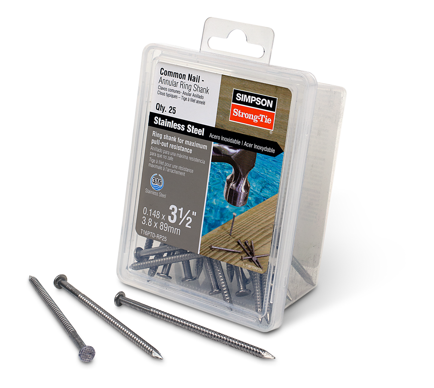 Simpson Strong-Tie T16PTD-RP25 Preservative-Treated Wood Decking Nail, Ring Shank — 3-1/2 in. x .148 in. Type 316 (25-Qty) (Pack of 600)