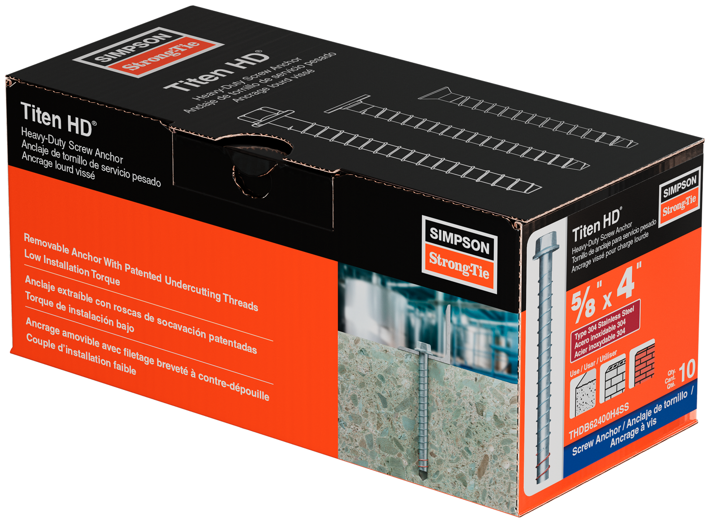 Simpson Strong-Tie THDB62400H4SS Titen HD® 5/8 in. x 4 in. Type 304 Stainless Steel Heavy-Duty Screw Anchor (10-Qty)
