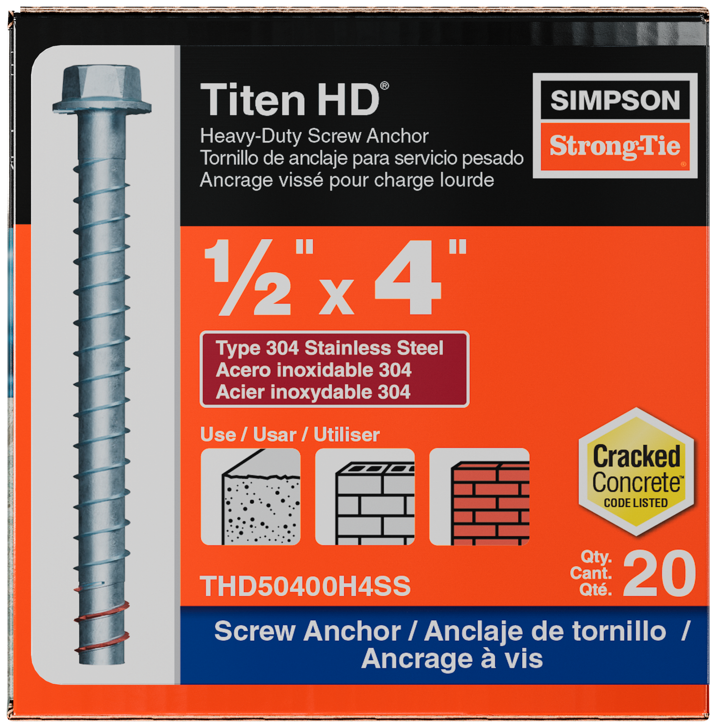 Simpson Strong-Tie THD50400H4SS Titen HD® 1/2 in. x 4 in. Type 304 Stainless Steel Heavy-Duty Screw Anchor (20-Qty) (Pack of 4)
