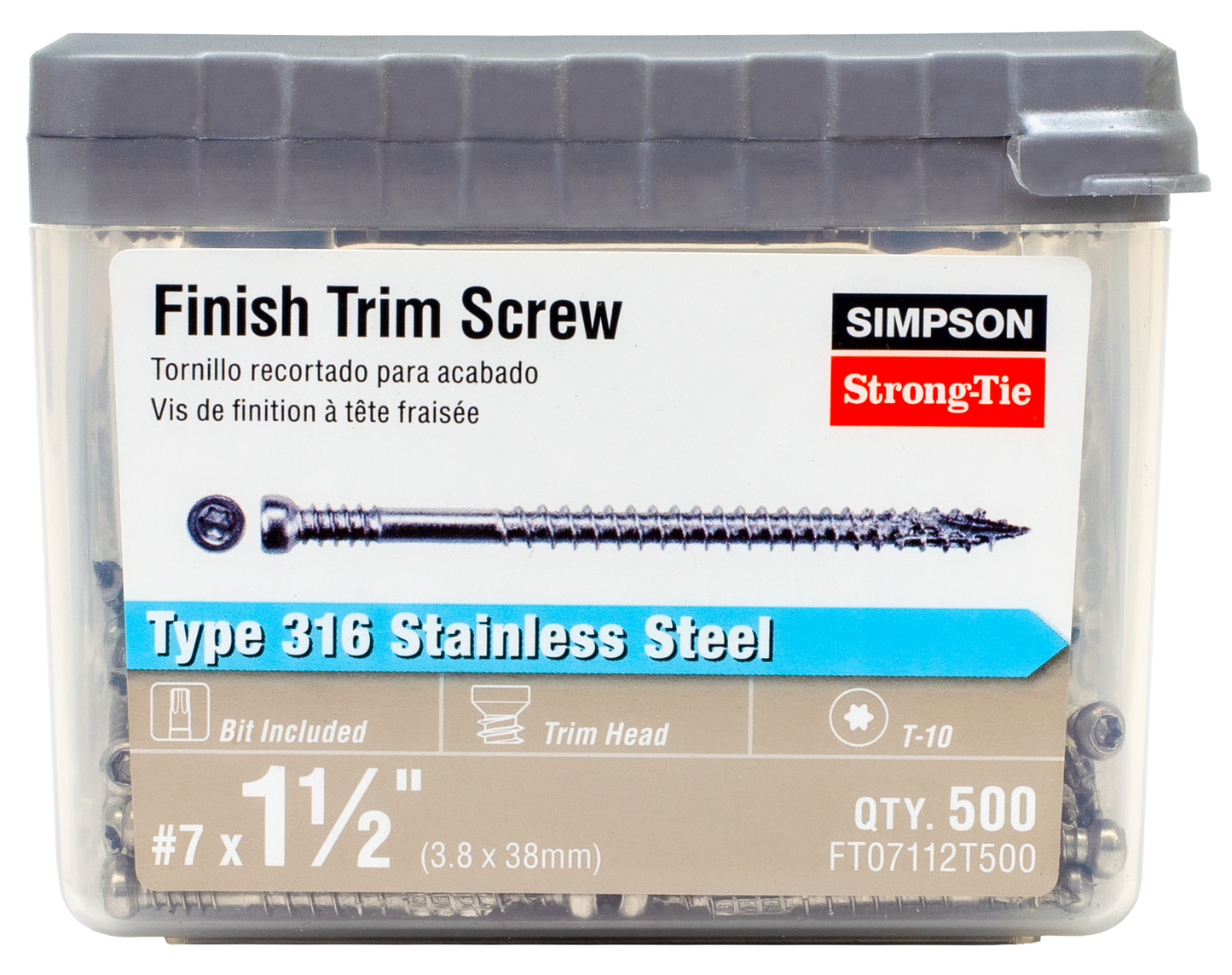 Simpson Strong-Tie FT07112T500 Finish Trim Screw — #7 x 1-1/2 in. T10, Trim-Head, Type 316 (500-Qty) (Pack of 48)