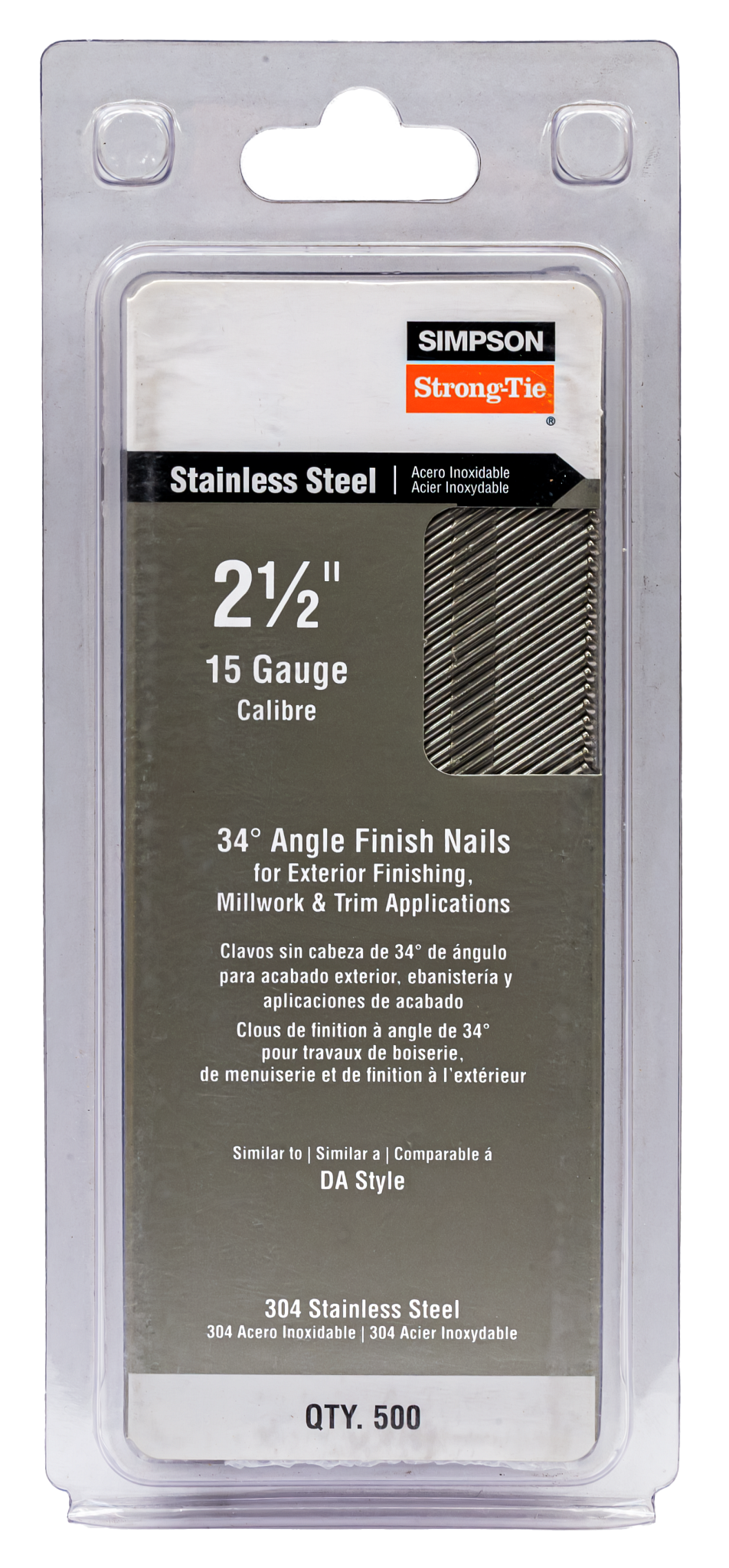 Simpson Strong-Tie S15N250SFB Tape Collation, DA-Style Angle, 15-Gauge Finishing Nail — 2-1/2 in. Type 304 (500-Qty) (Pack of 5)