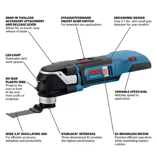 BOSCH GOP18V-28N12 Starlock 18V Cordless Brushless Variable 3-Piece Oscillating Multi-Tool Kit