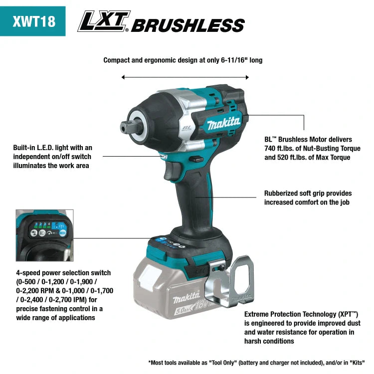 Makita XWT18Z 18V LXT® Brushless 4-Speed Mid-Torque 1/2" Sq. Drive Impact Wrench w/ Detent Anvil, (Tool Only)