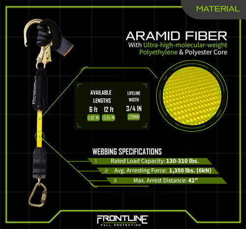 Frontline RPA061S 6' Aramid Fiber Web Single Leg SRL with Steel Snap Hook End