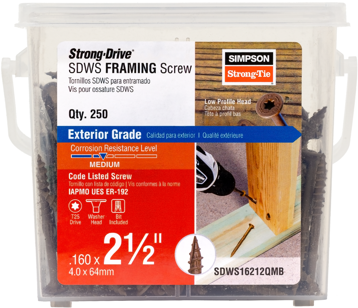 Simpson Strong-Tie SDWS16212QMB Strong-Drive® SDWS™ FRAMING Screw — 0.160 in. x 2-1/2 in. T25, Quik Guard®, Tan (250-Qty) (Pack of 336)