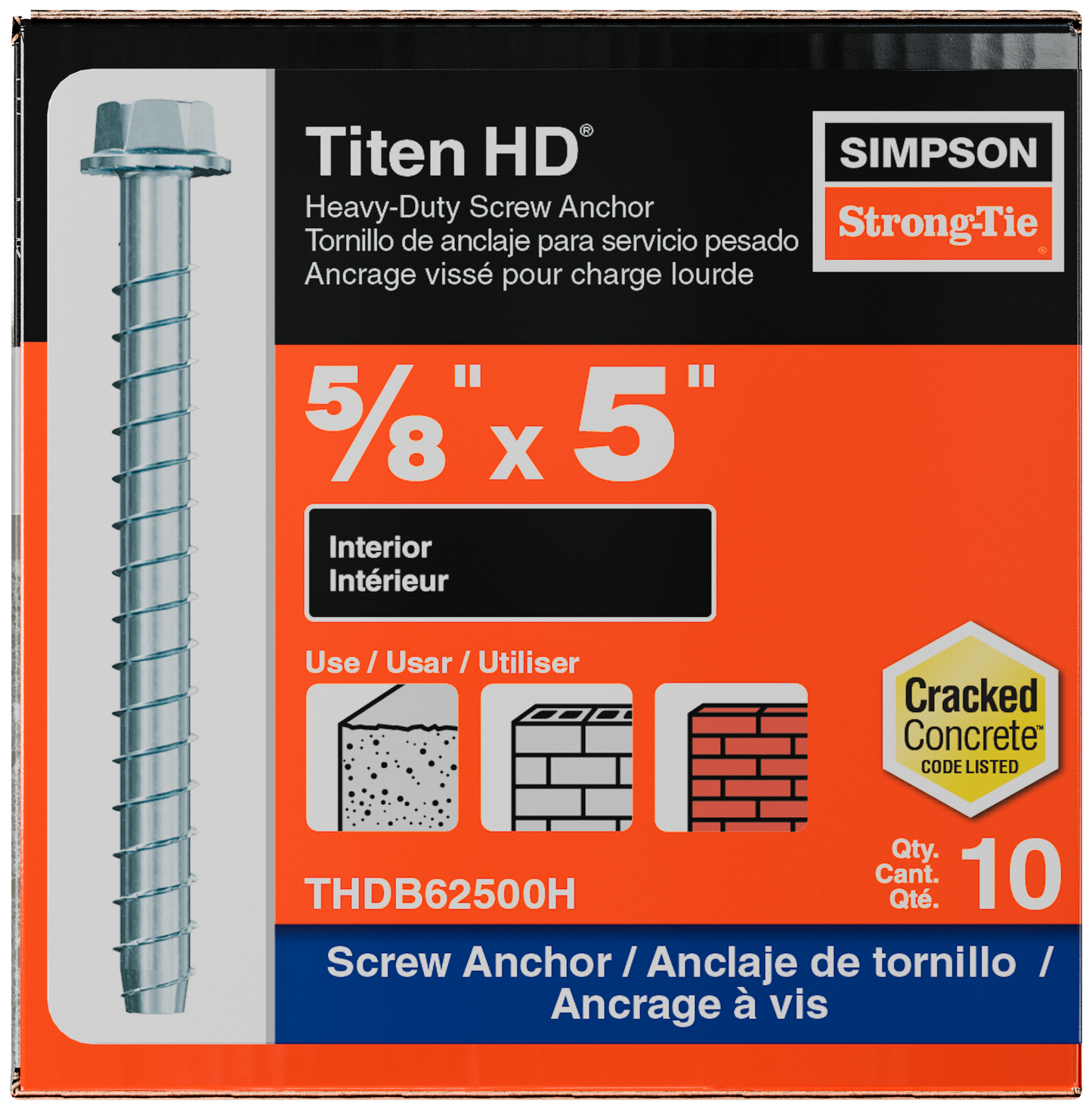 Simpson Strong-Tie THDB62500H Titen HD® 5/8 in. x 5 in. Heavy-Duty Screw Anchor (10-Qty) (Pack of 4)