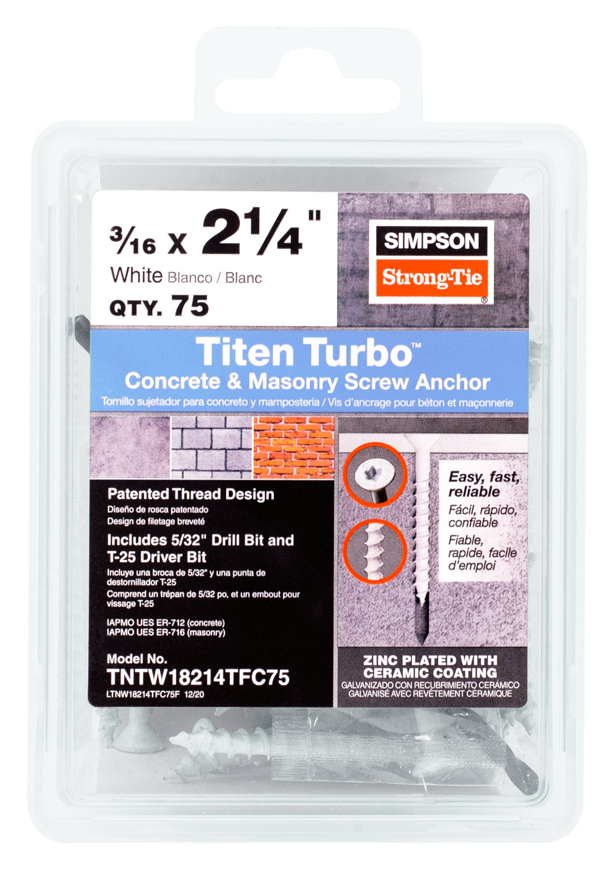 Simpson Strong-Tie TNTW18214TFC75 Titen Turbo™ — 3/16 in. x 2-1/4 in. 6-Lobe Flat-Head Concrete and Masonry Screw, White (75-Qty)