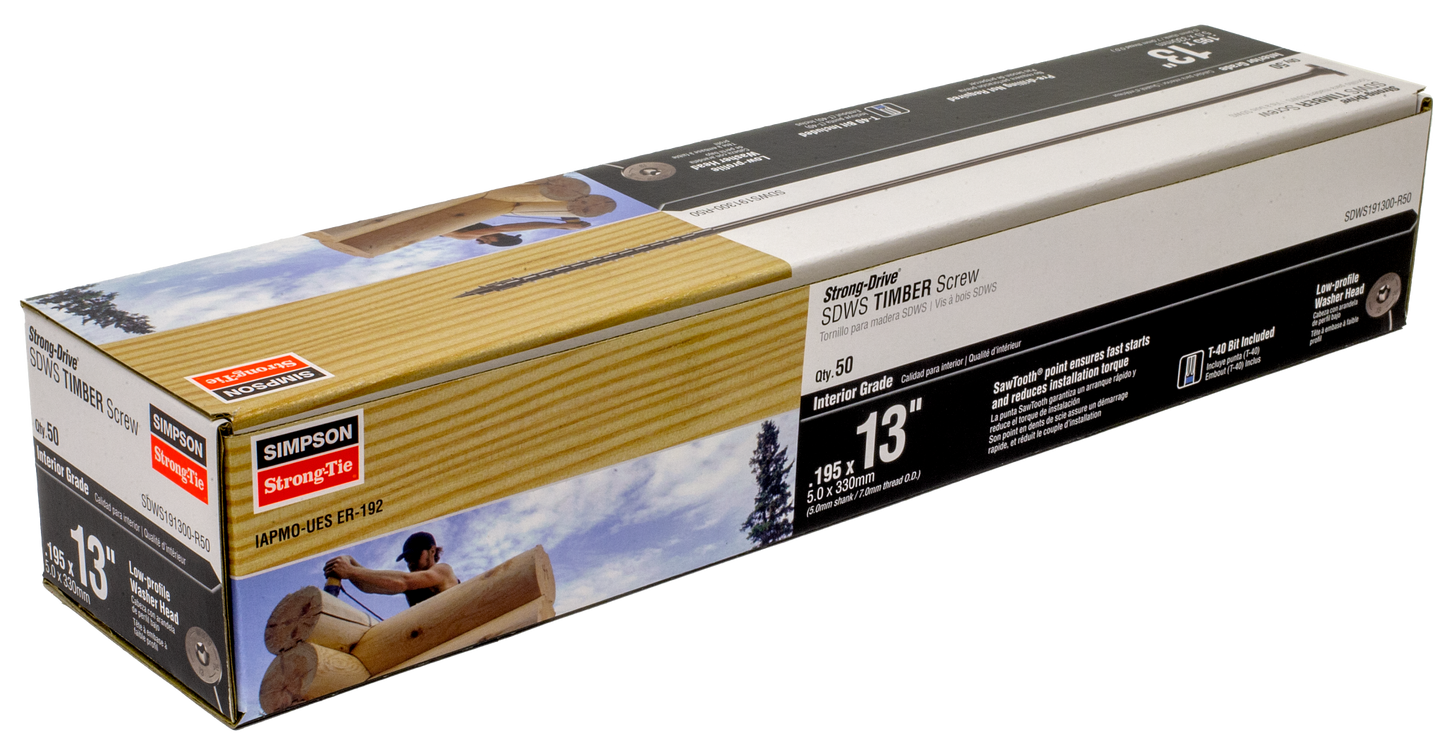 Simpson Strong-Tie SDWS191300-R50 Strong-Drive® SDWS™ TIMBER Screw (Interior) — 0.195 in. x 13 in. E-coat® (50-Qty)