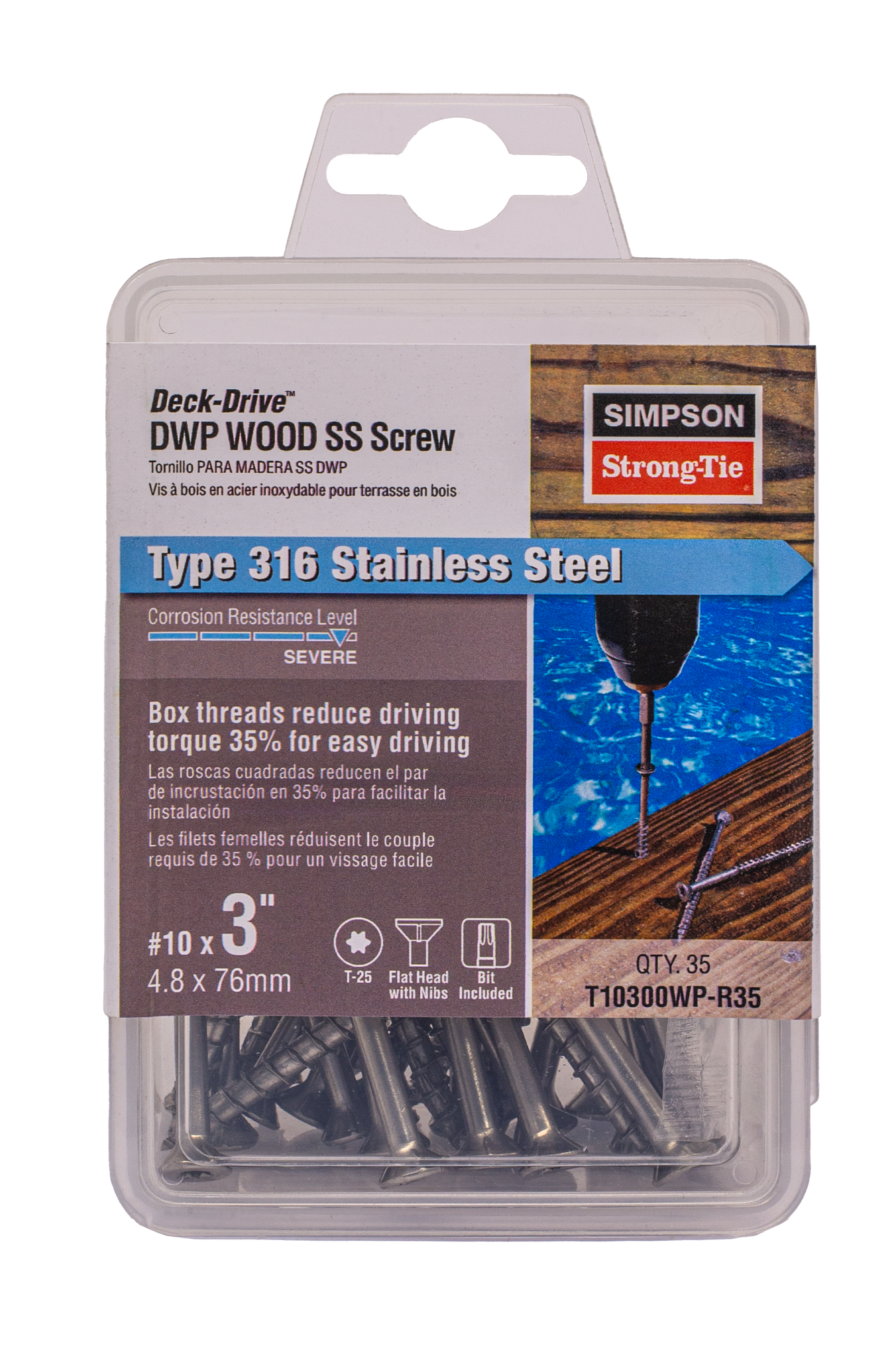 Simpson Strong-Tie T10300WP-R35 Deck-Drive™ DWP WOOD SS Screw — #10 x 3 in. T25, Flat Head, Type 316 (35-Qty) (Pack of 750)