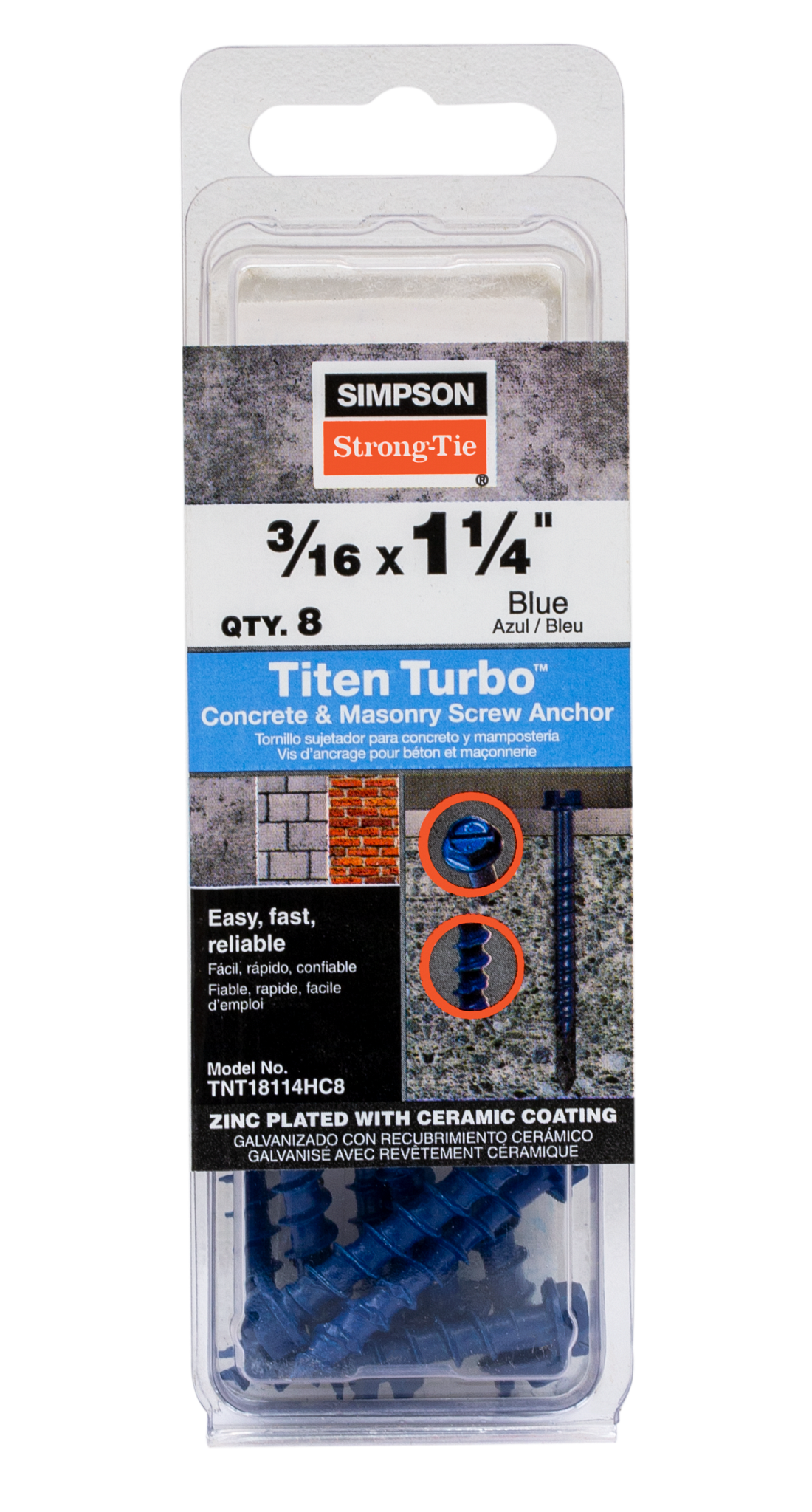 Simpson Strong-Tie TNT18114H Titen Turbo™ — 3/16 in. x 1-1/4 in. Hex-Head Concrete and Masonry Screw, Blue (100-Qty) (Pack of 16)
