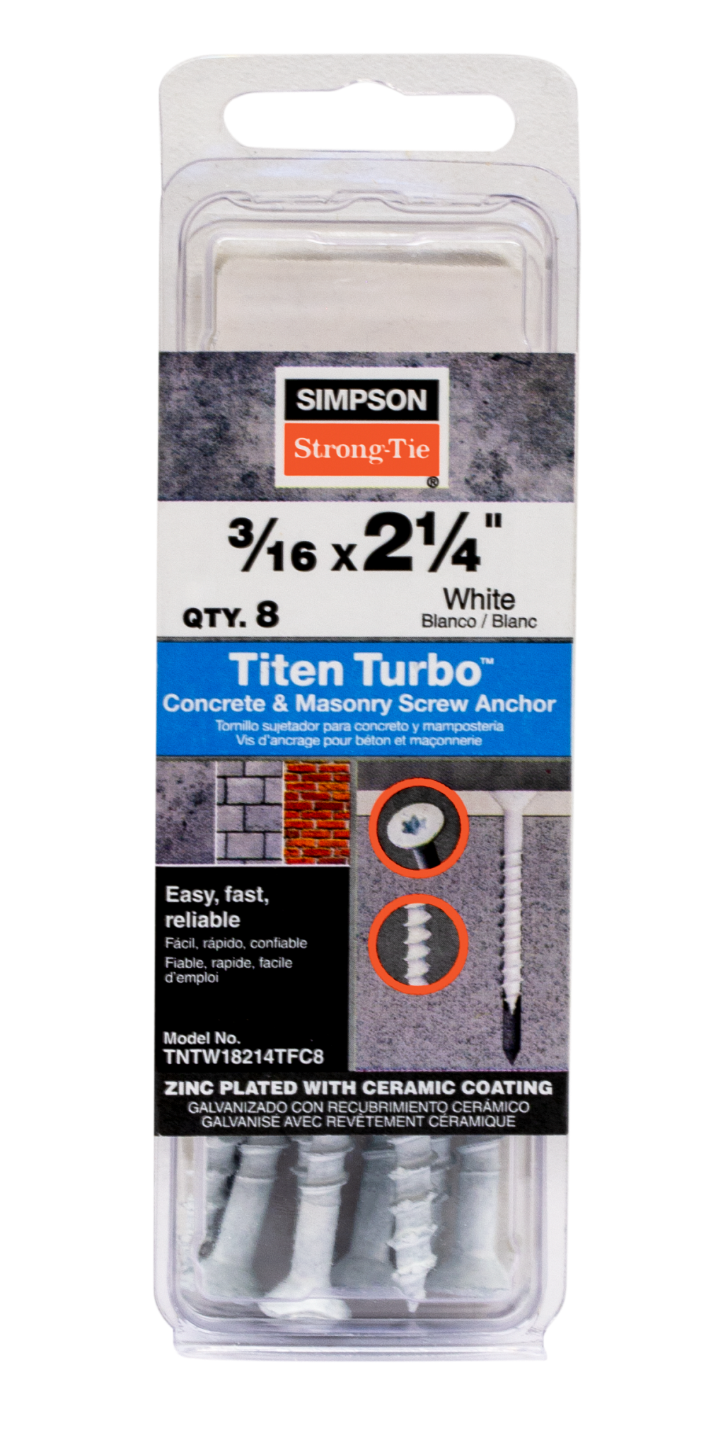 Simpson Strong-Tie TNTW18214TFC8 Titen Turbo™ — 3/16 in. x 2-1/4 in. 6-Lobe Flat-Head Concrete and Masonry Screw, White (8-Qty) (Pack of 5520)