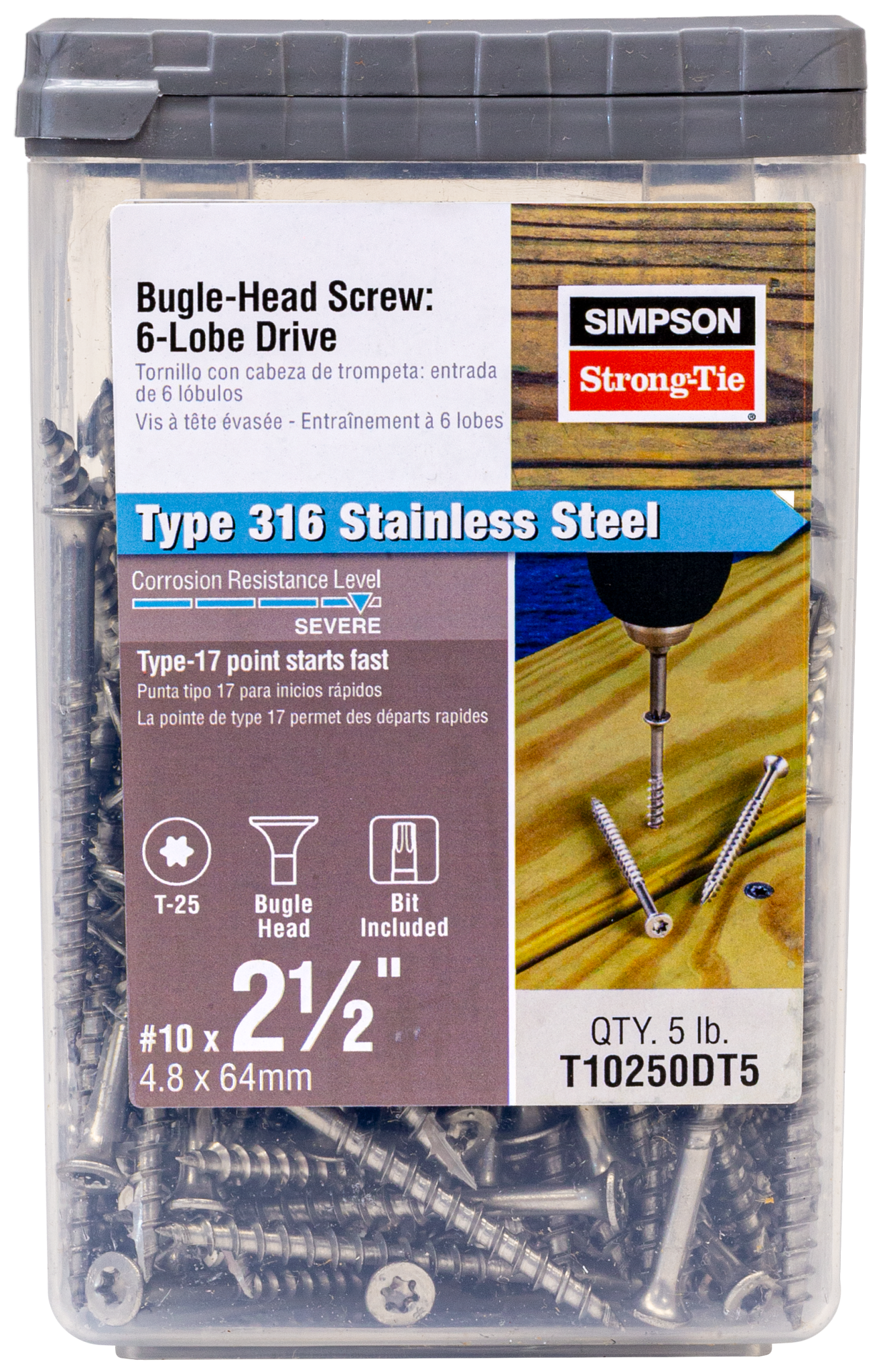 Simpson Strong-Tie T10250DT5 Bugle-Head Wood Screw, 6-Lobe Drive — #10 x 2-1/2-in. T25, Type 316 (5 lb.) (Pack of 6)