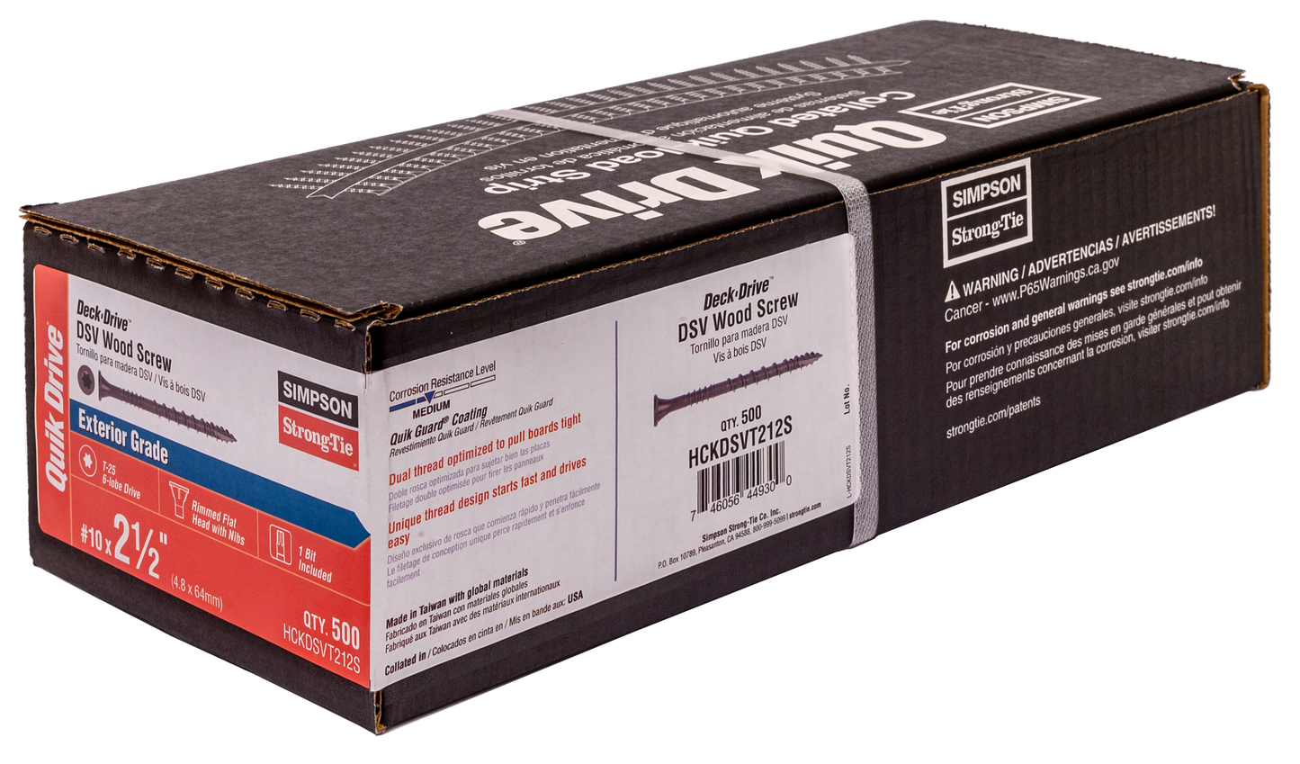 Simpson Strong-Tie HCKDSVT212S Deck-Drive™ DSV WOOD Screw (Collated) — #10 x 2-1/2 in. T25 6-Lobe, Tan (500-Qty) (Pack of 176)