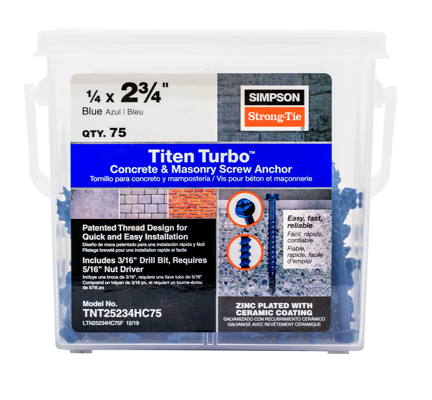 Simpson Strong-Tie TNT25234H Titen Turbo™ — 1/4 in. x 2-3/4 in. Hex-Head Concrete and Masonry Screw, Blue (100-Qty)