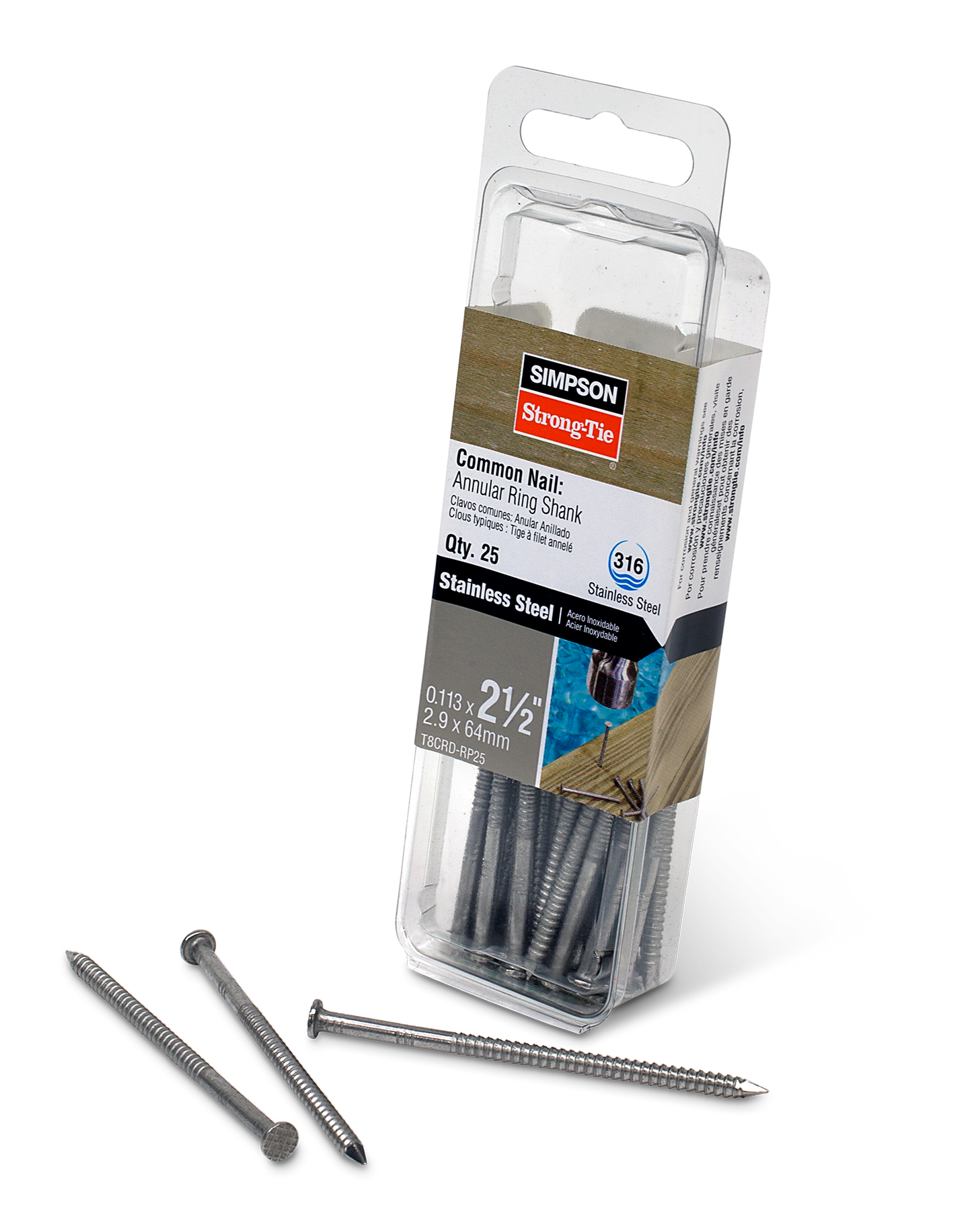 Simpson Strong-Tie T8CRD-RP25 Cedar and Redwood Decking Nail — 2-1/2 in. x .113 in. Type 316 Stainless Steel (25-Qty) (Pack of 5)