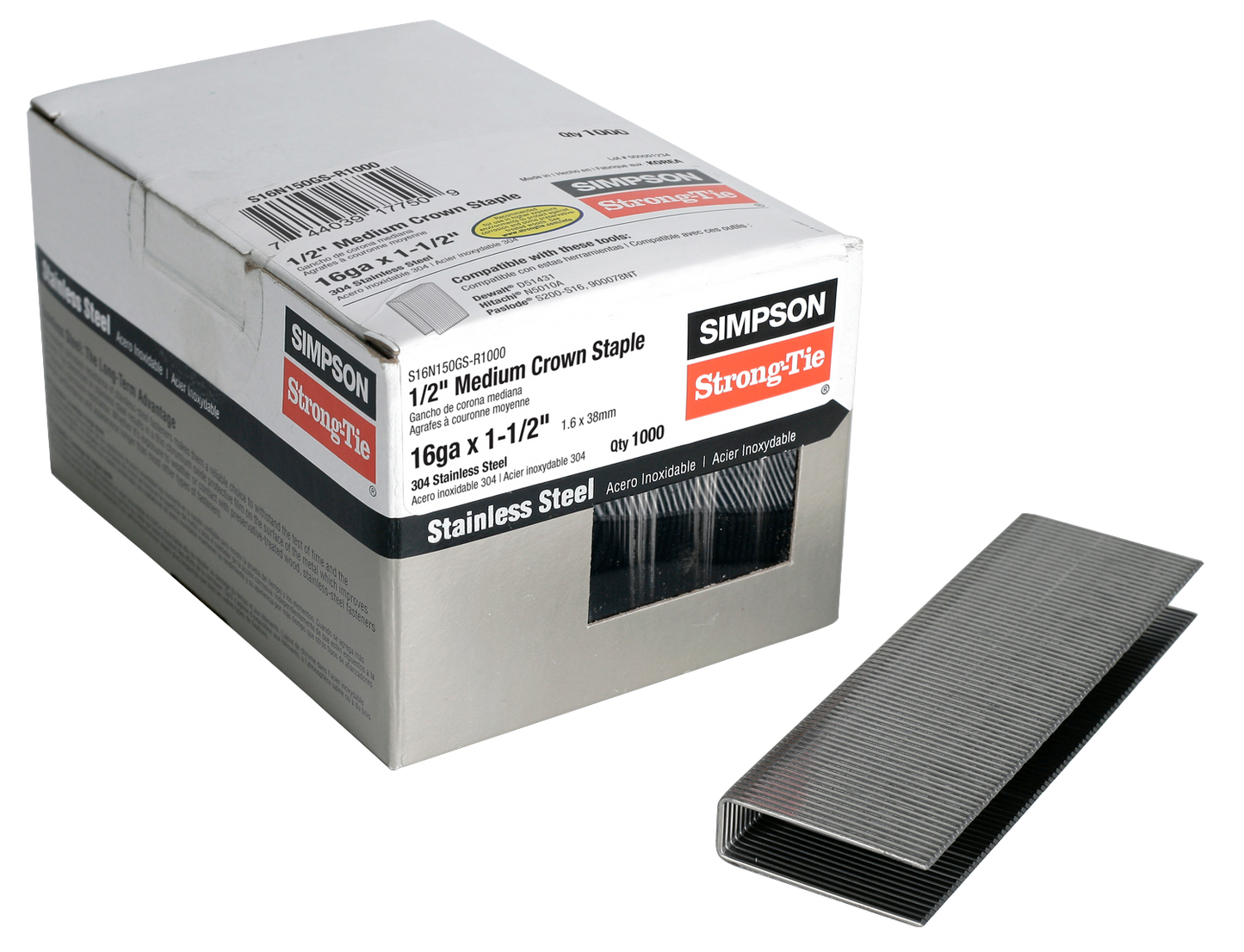 Simpson Strong-Tie S16N150GS-R1000 1/2-in. Crown, 16-Gauge Staples — 1-1/2 in. Type 304 Stainless Steel (1000-Qty) (Pack of 6)