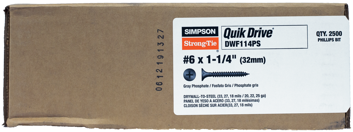Simpson Strong-Tie DWF114PS DWF Drywall-to-CFS Screw (Collated) — #6 x 1-1/4 in. #2 Phillips Bugle Head (2500-Qty) (Pack of 100)