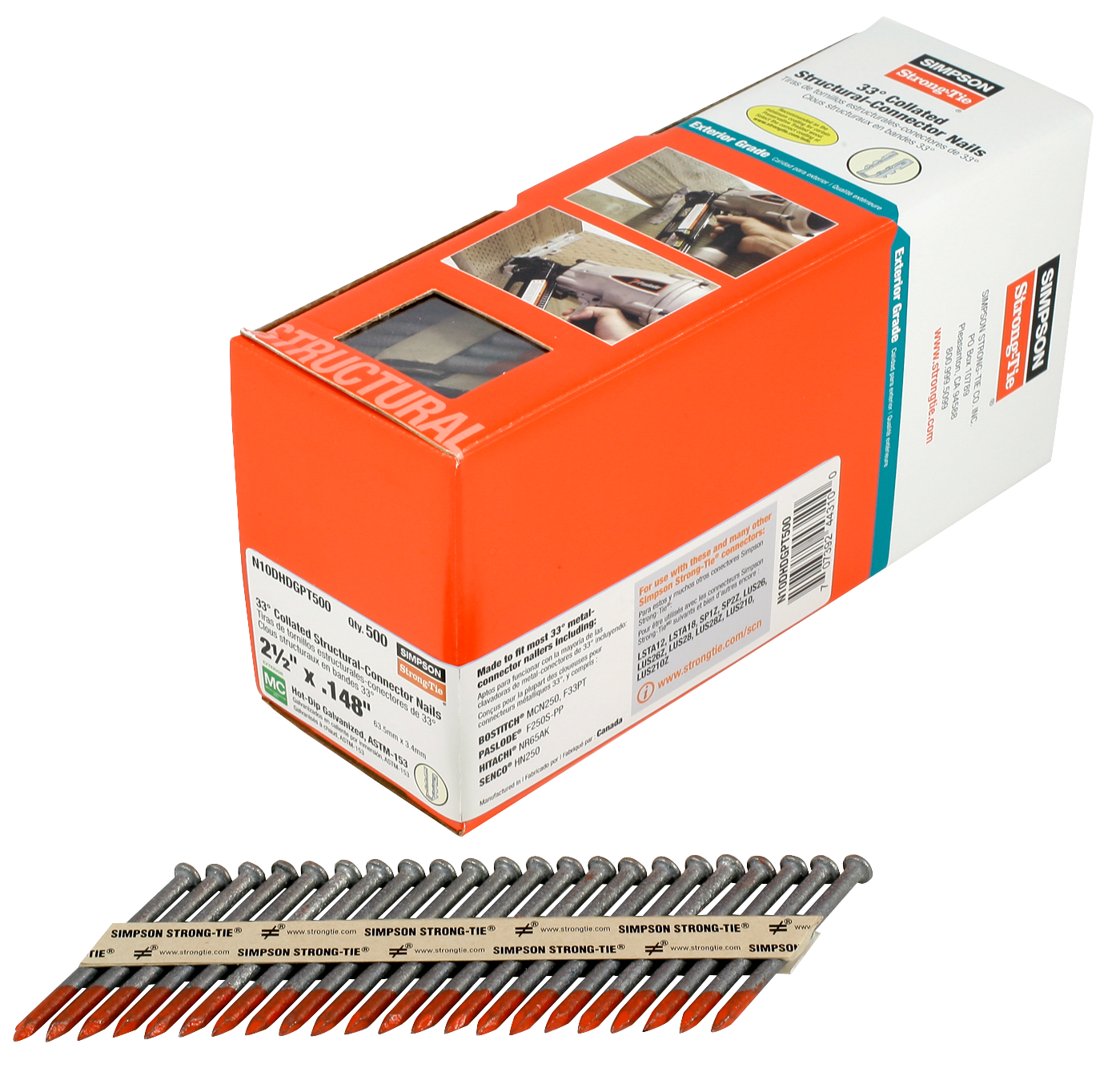 Simpson Strong-Tie N10DHDGPT500 Strong-Drive® 33° SCN SMOOTH-SHANK CONNECTOR Nail — 2-1/2 in. x .148 in. HDG (500-Qty) (Pack of 4)