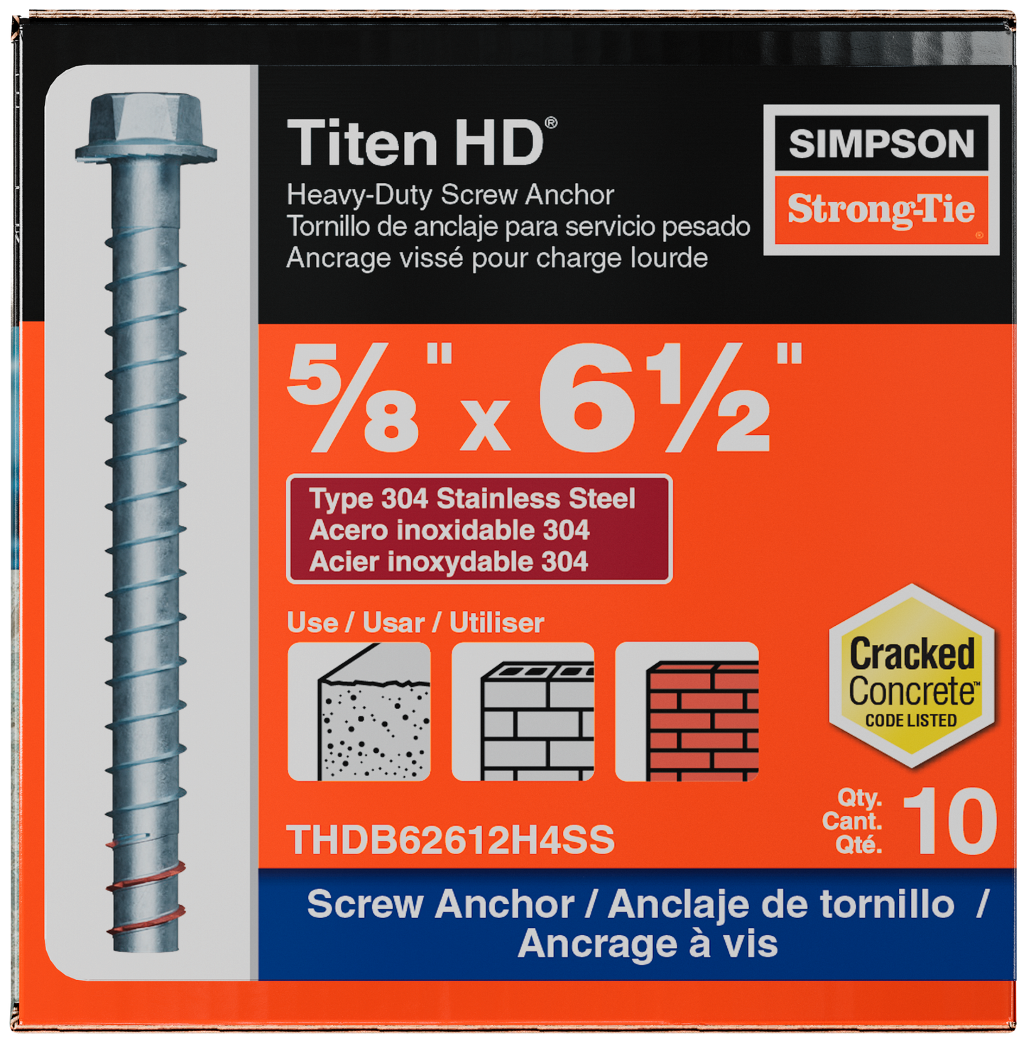Simpson Strong-Tie THDB62612H4SS Titen HD® 5/8 in. x 6-1/2 in. Type 304 Stainless Steel Heavy-Duty Screw Anchor (10-Qty) (Pack of 300)