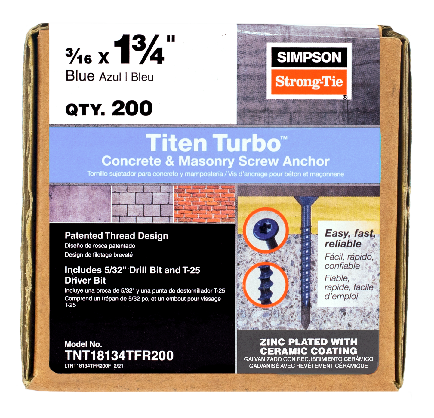 Simpson Strong-Tie TNT18134TFR200 Titen Turbo™ — 3/16 in. x 1-3/4 in. 6-Lobe Flat-Head Concrete and Masonry Screw, Blue (200-Qty) (Pack of 594)