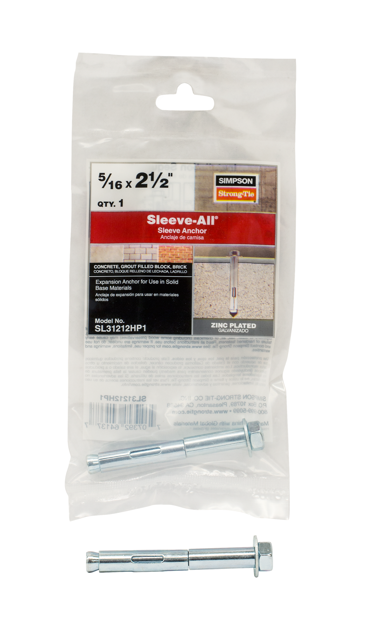 Simpson Strong-Tie SL31212HP1 Sleeve-All® 5/16 in. x 2-1/2 in. Hex-Head Sleeve Anchor (Pack of 8370)