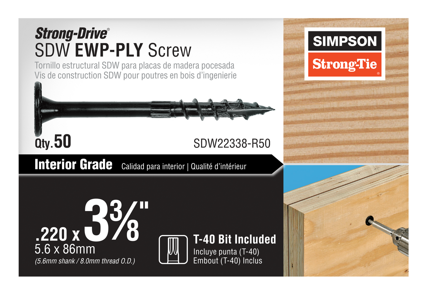 Simpson Strong-Tie SDW22338-R50 Strong-Drive® SDW™ EWP-PLY Screw — .220 in. x 3-3/8 in. T40 6-Lobe, E-coat® (50-Qty)