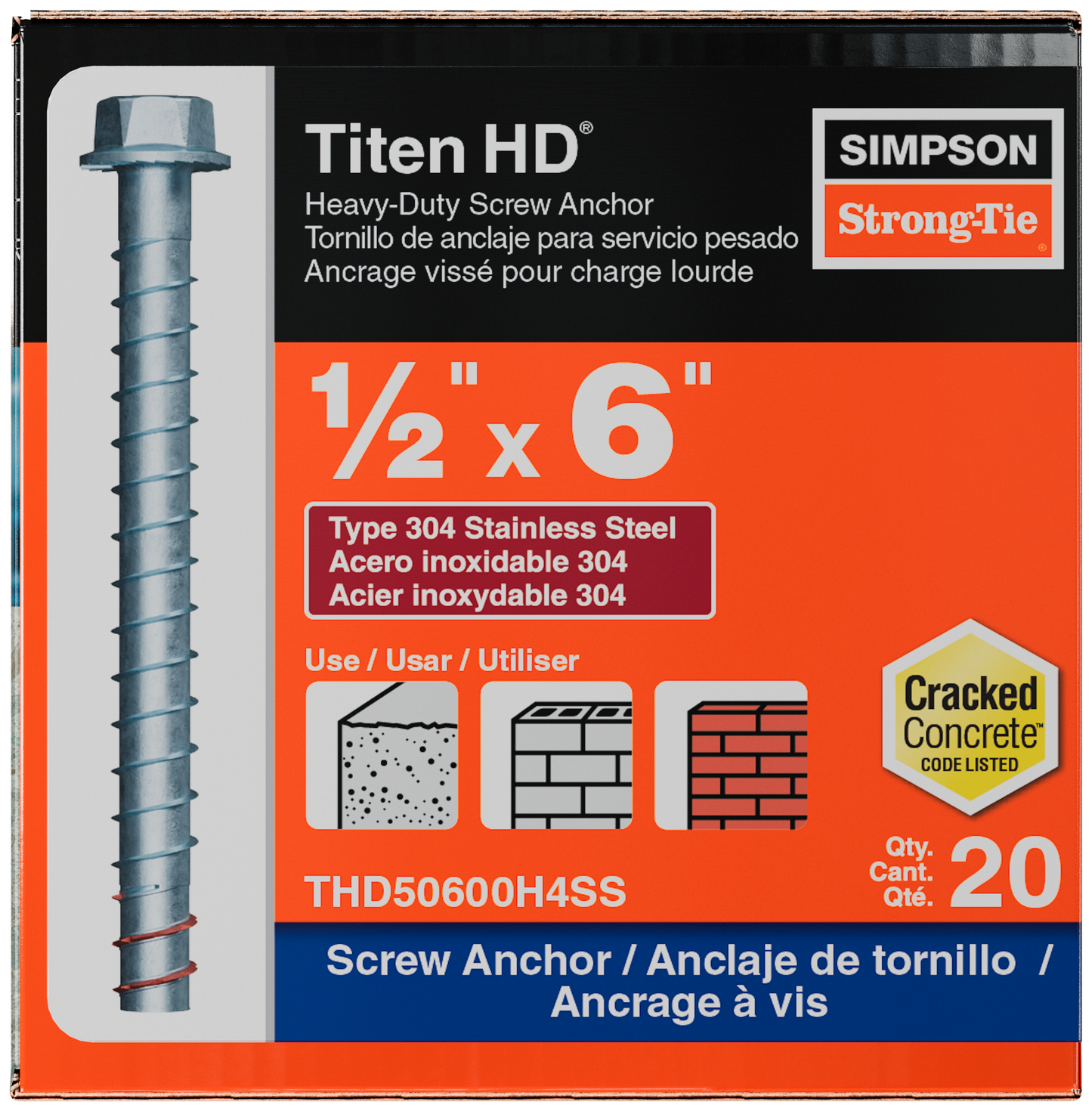 Simpson Strong-Tie THD50600H4SS Titen HD® 1/2 in. x 6 in. Type 304 Stainless-Steel Heavy-Duty Screw Anchor (20-Qty)