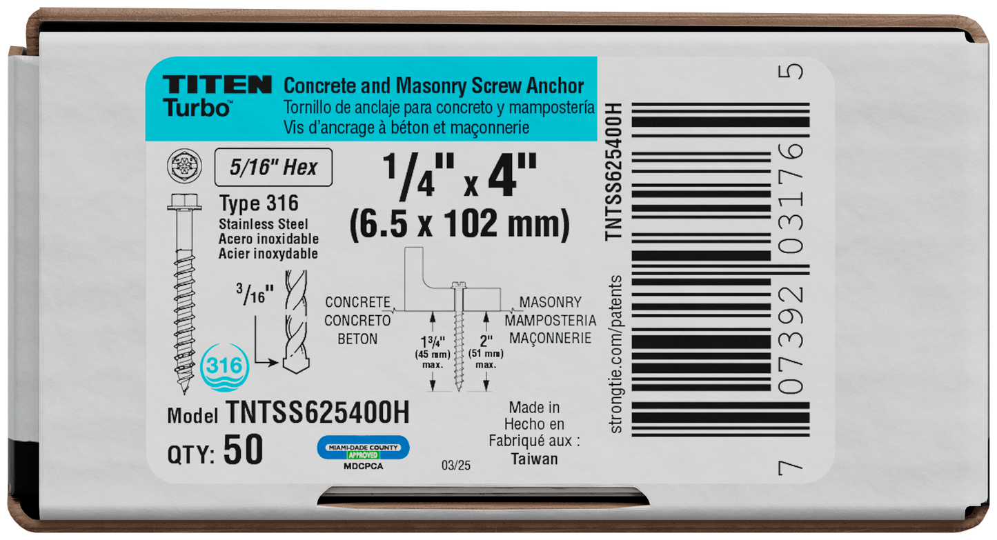 Simpson Strong-Tie TNTSS625400H Titen Turbo™ — 1/4 in. x 4 in. Type 316 Stainless-Steel Hex-Head Concrete and Masonry Screw (50-Qty) (Pack of 4)