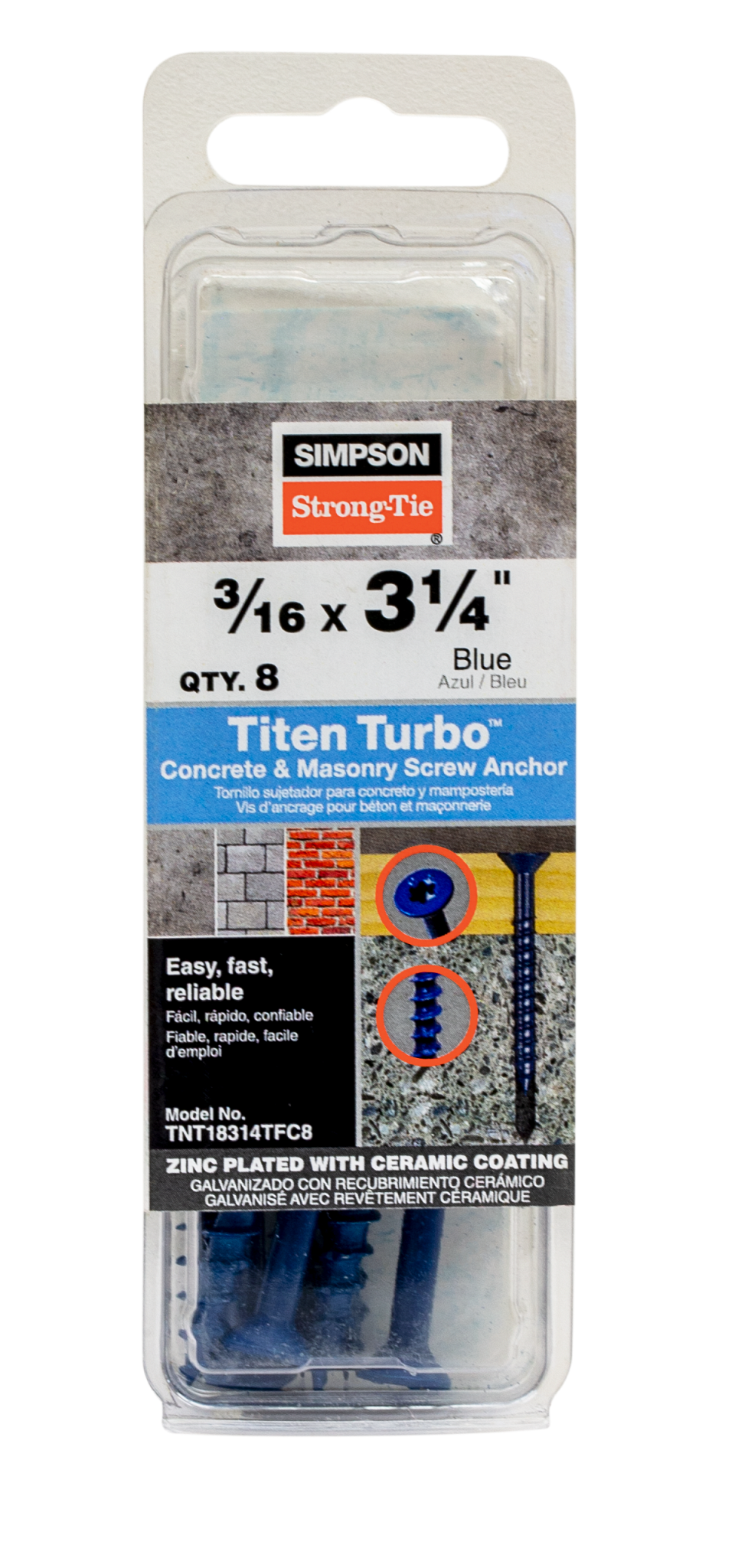 Simpson Strong-Tie TNT18314TFC8 Titen Turbo™ — 3/16 in. x 3-1/4 in. 6-Lobe Flat-Head Concrete and Masonry Screw, Blue (8-Qty) (Pack of 20)