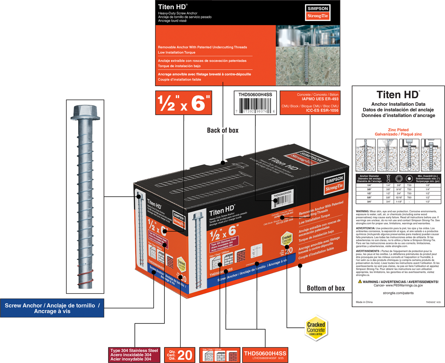 Simpson Strong-Tie THD50600H4SS Titen HD® 1/2 in. x 6 in. Type 304 Stainless-Steel Heavy-Duty Screw Anchor (20-Qty)