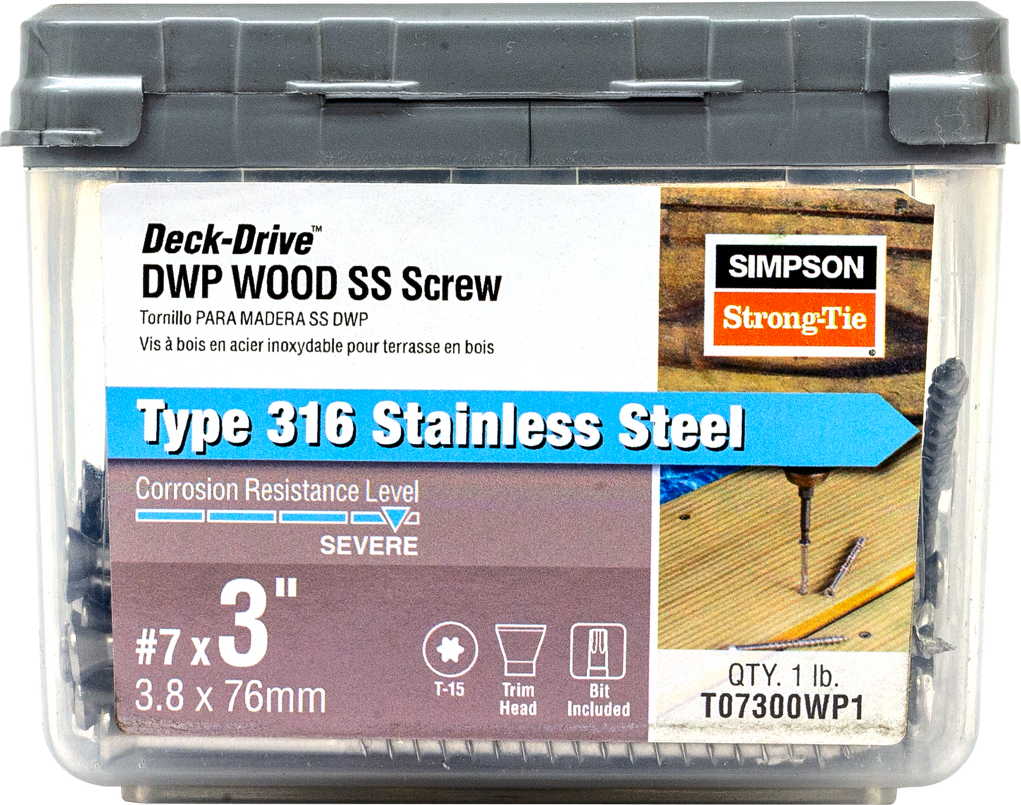 Simpson Strong-Tie T07300WP1 Deck-Drive™ DWP WOOD SS Screw — #7 x 3 in. T-15, Trim Head, Type 316 (1 lb.) (Pack of 10)