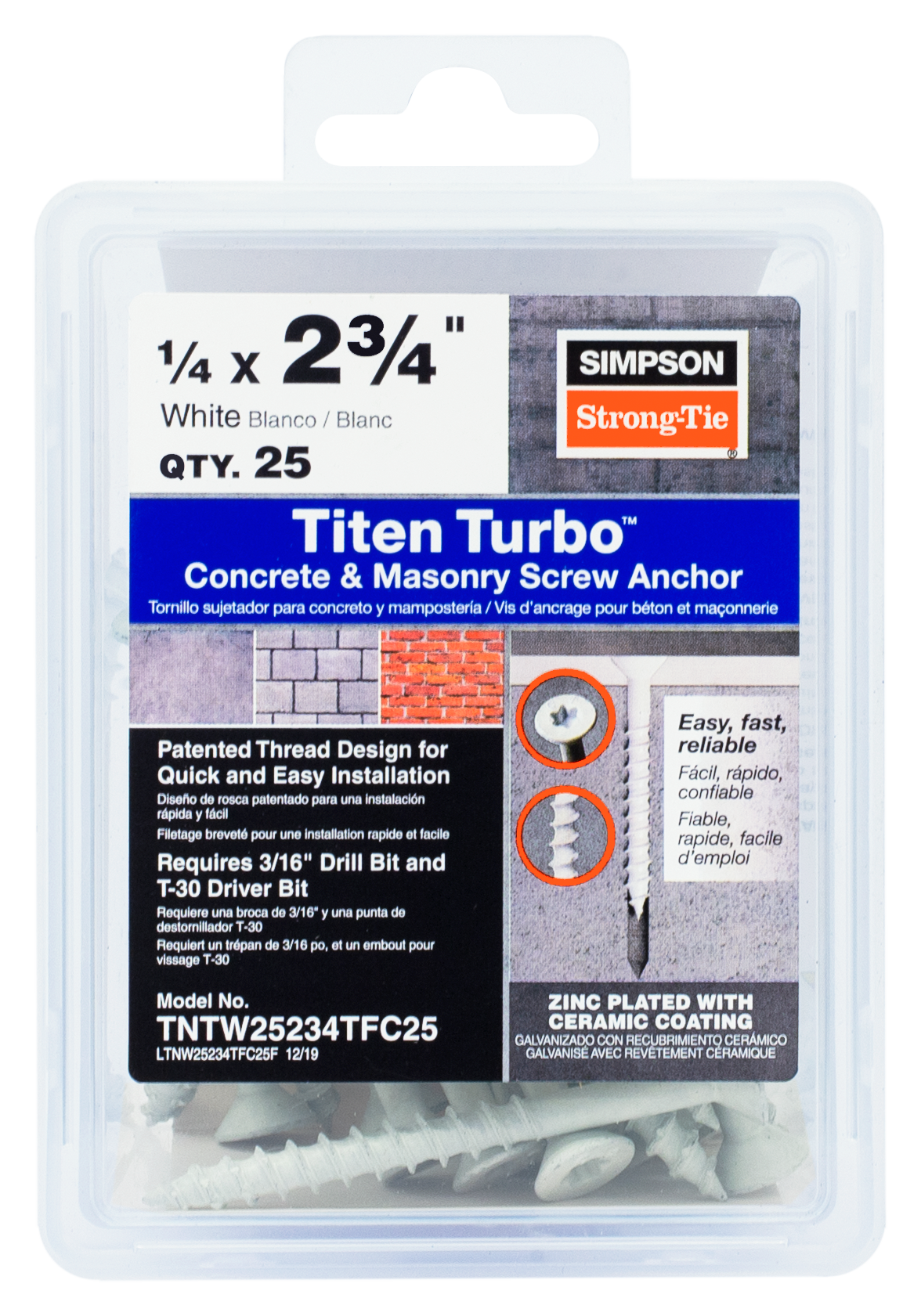Simpson Strong-Tie TNTW25234TFC25 Titen Turbo™ — 1/4 in. x 2-3/4 in. 6-Lobe Flat-Head Concrete and Masonry Screw, White (25-Qty)