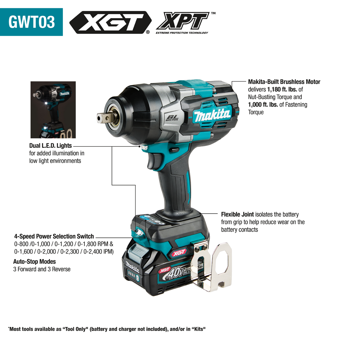 Makita GWT03D 40V max XGT® Brushless Cordless 4-Speed High-Torque 1/2" Sq. Drive Impact Wrench Kit w/ Detent Anvil (2.5Ah)