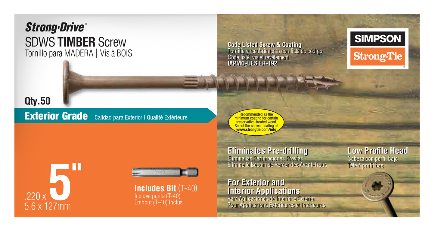 Simpson Strong-Tie SDWS22500DB-R50 Strong-Drive® SDWS™ TIMBER Screw (Exterior Grade) — 0.220 in. x 5 in. T40, Tan (50-Qty) (Pack of 360)
