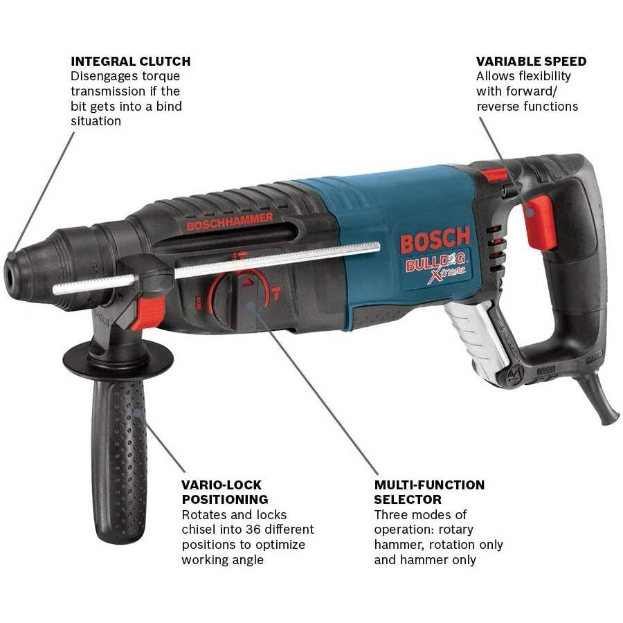 BOSCH 11255VSR Bulldog Xtreme - 8 Amp 1 Inch Corded Variable Speed Sds-Plus Concrete/Masonry Rotary Hammer Power Drill with Carrying Case, Blue