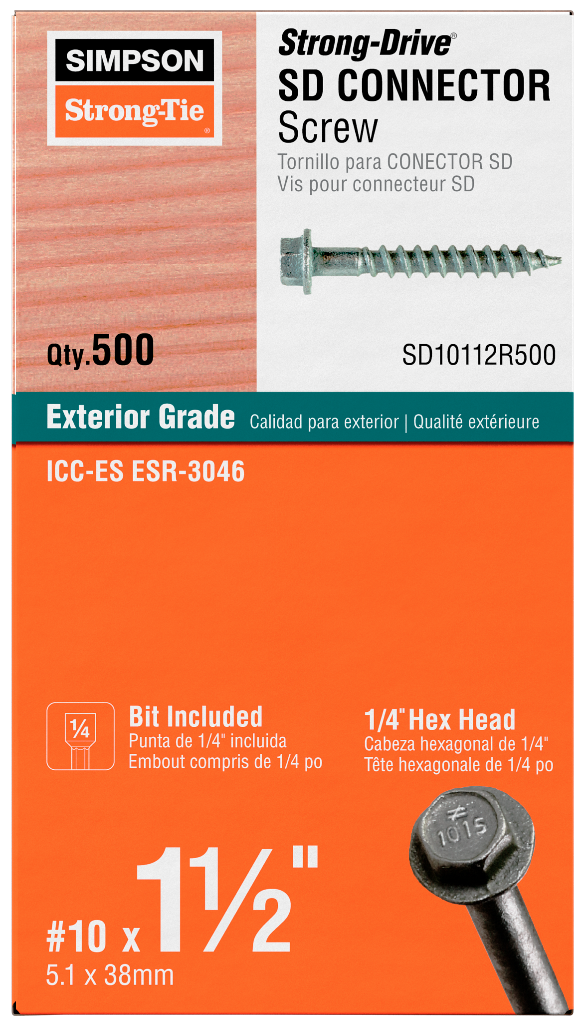 Simpson Strong-Tie SD10112R500 Strong-Drive® SD CONNECTOR Screw — #10 x 1-1/2 in. 1/4-Hex Drive, Mech. Galv. (500-Qty) (Pack of 408)