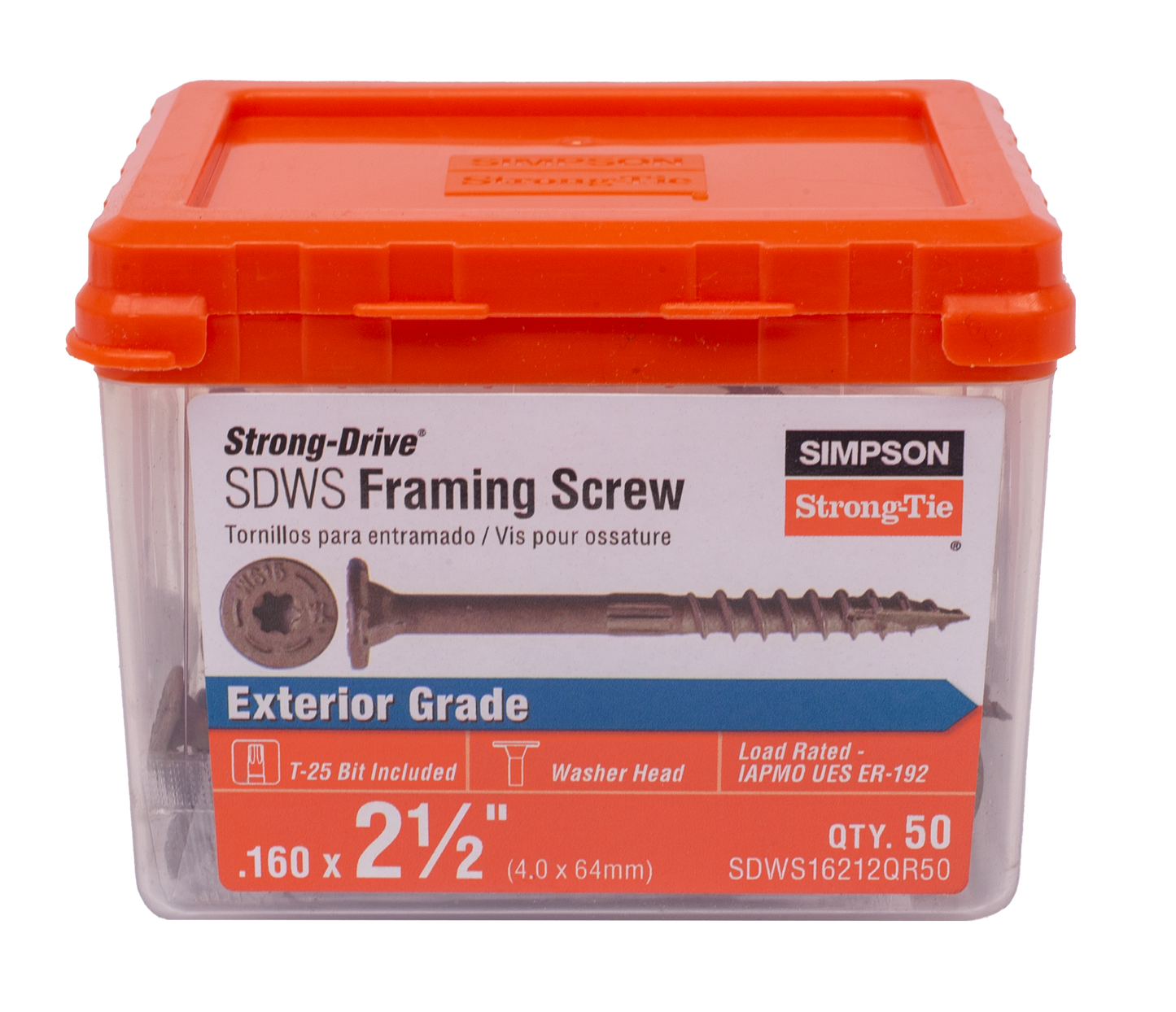 Simpson Strong-Tie SDWS16212QR50 Strong-Drive® SDWS™ FRAMING Screw — 0.160 in. x 2-1/2 in. T25, Quik Guard®, Tan (50-Qty)