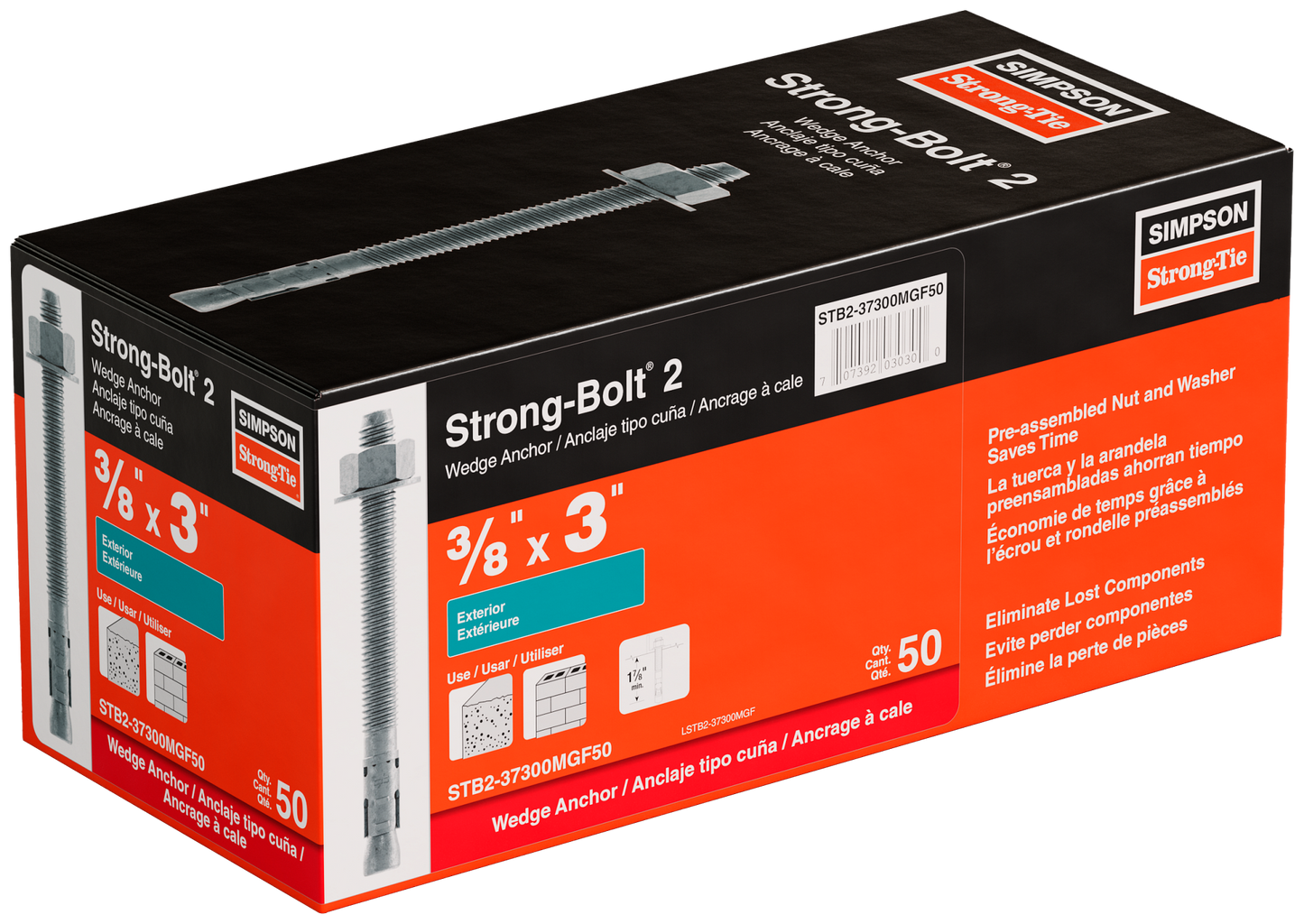Simpson Strong-Tie STB2-37300MGF50 Strong-Bolt® 2 — 3/8 in. x 3 in. Mechanically Galvanized Wedge Anchor, Fully Assembled (50-Qty)
