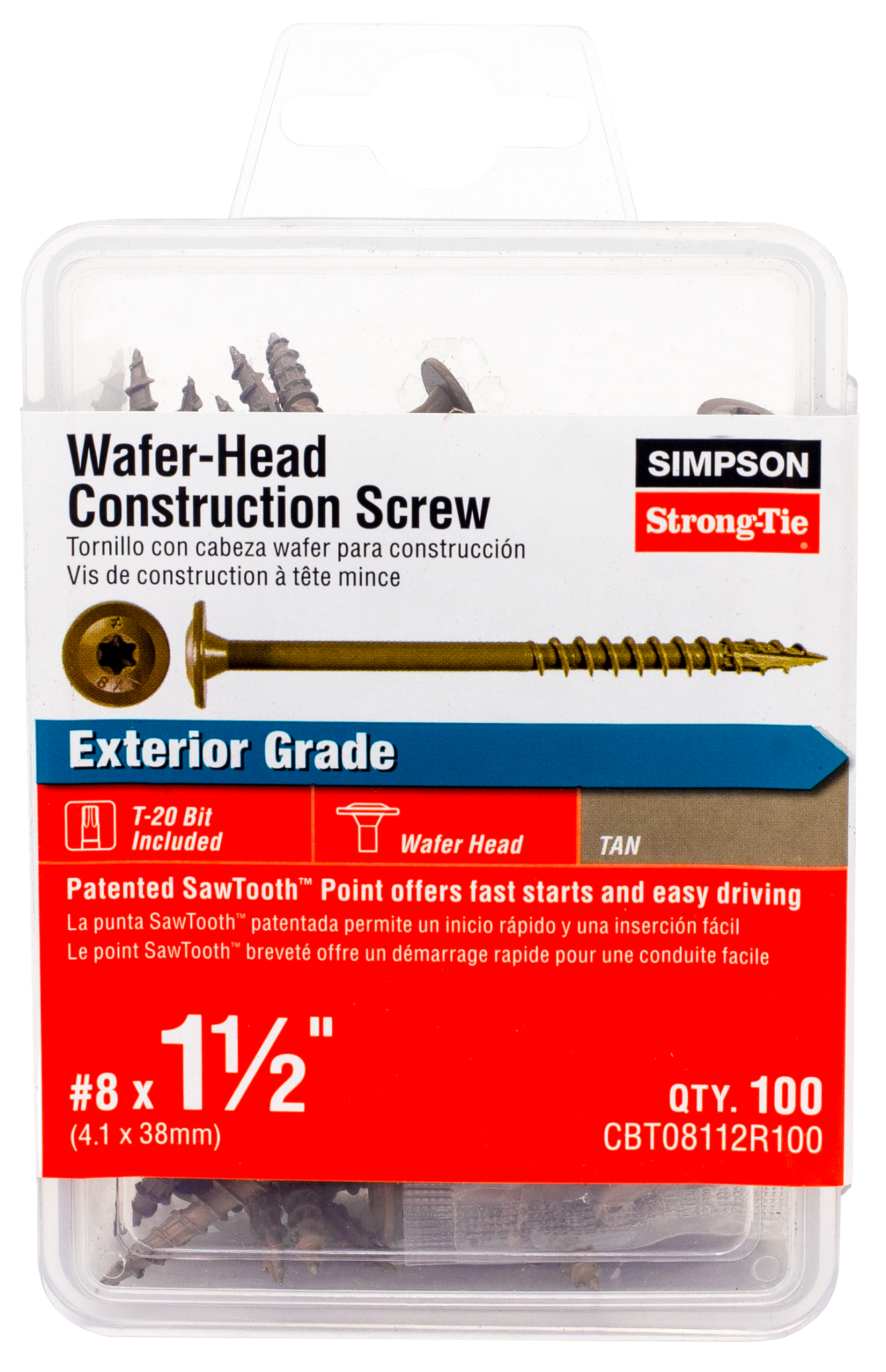 Simpson Strong-Tie CBT08112R100 Wafer-Head Construction Screw — #8 x 1-1/2 in. T20, Quik Guard®, Tan (100-Qty)