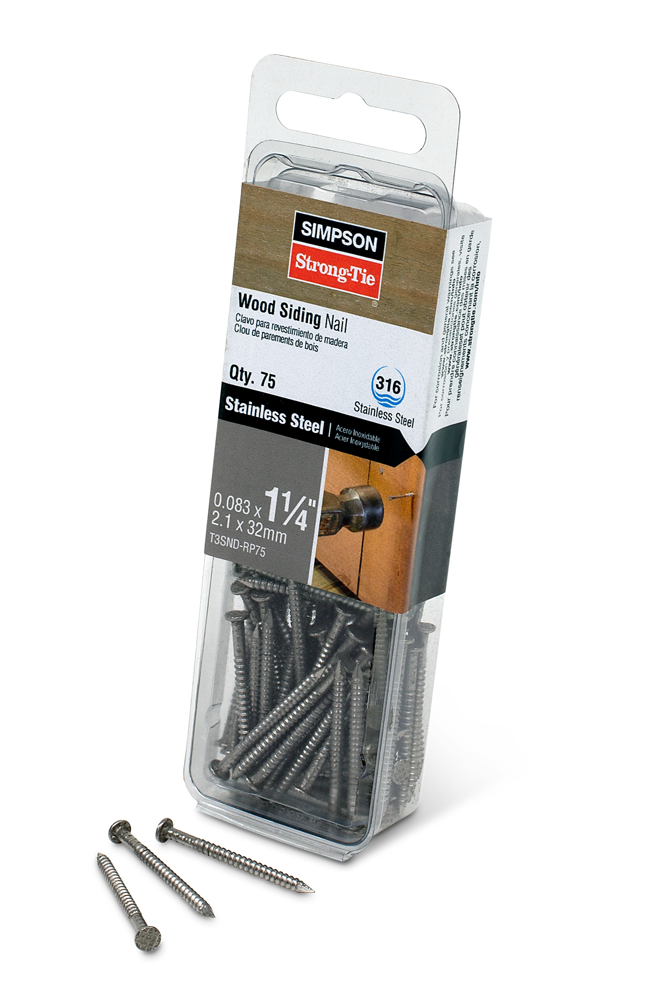 Simpson Strong-Tie T3SND-RP75 Wood Siding Nail — 1-1/4-in. x .083-in. Type 316 Stainless Steel (75-Qty)
