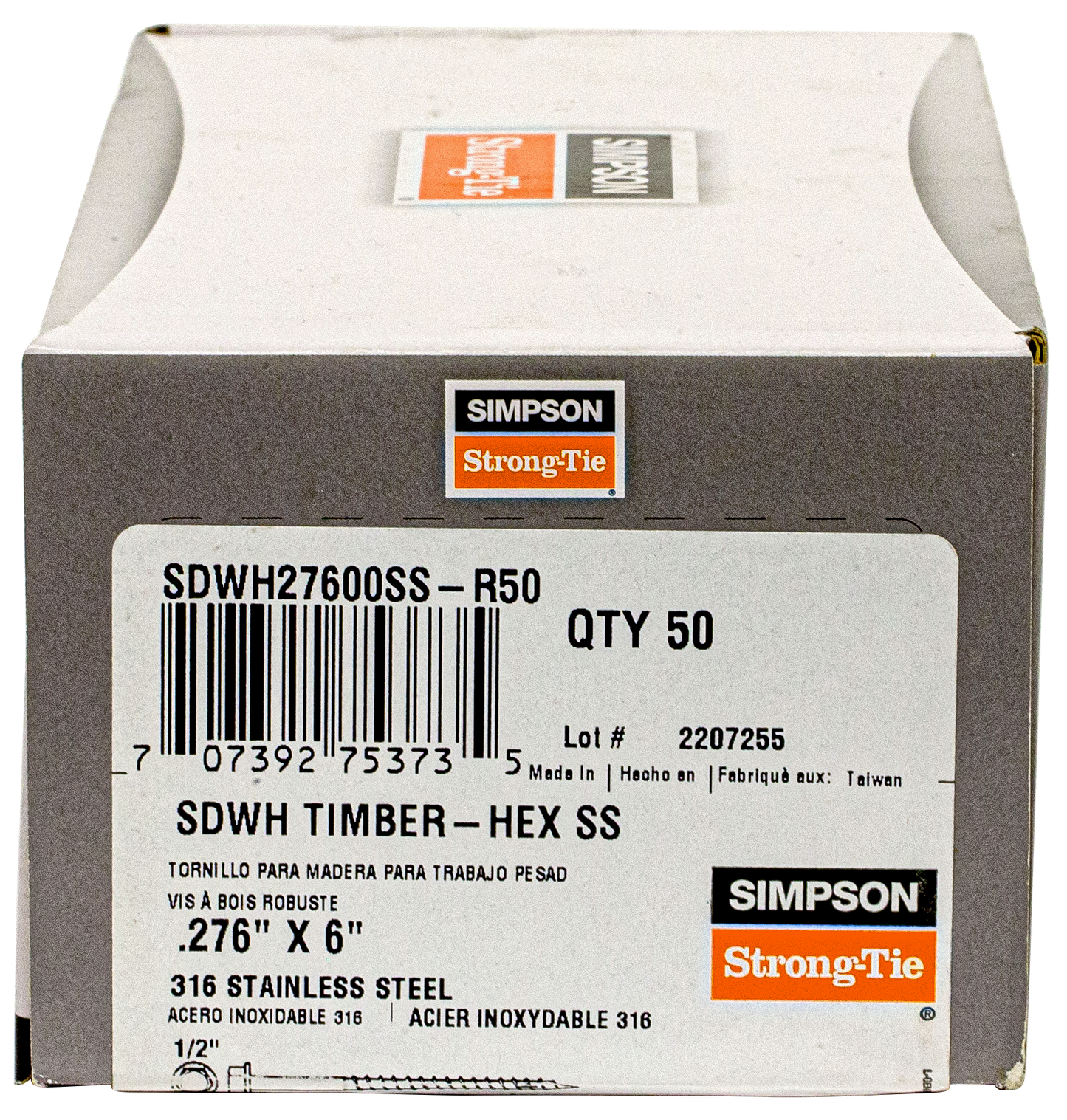Simpson Strong-Tie SDWH27600SS-R50 Strong-Drive® SDWH™ TIMBER-HEX SS Screw — 0.275 in. x 6 in. 1/2 Hex, Type 316 (50-Qty) (Pack of 400)