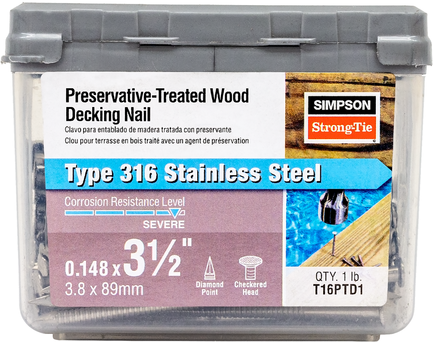 Simpson Strong-Tie T16PTD1 Preservative-Treated Wood Decking Nail, Ring Shank — 3-1/2 in. x .148 in. Type 316 (1 lb.) (Pack of 10)