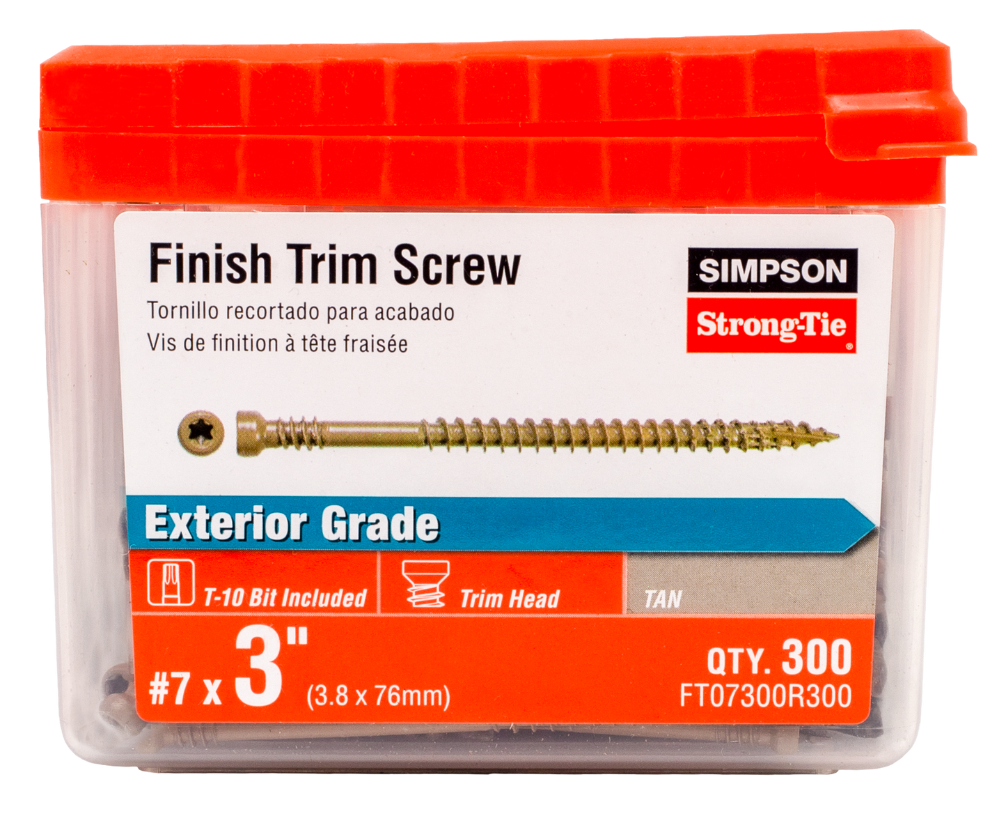 Simpson Strong-Tie FT07300R300 Finish Trim Screw — #7 x 3 in. T10, Trim-Head, Quik Guard®, Tan (300-Qty) (Pack of 6)